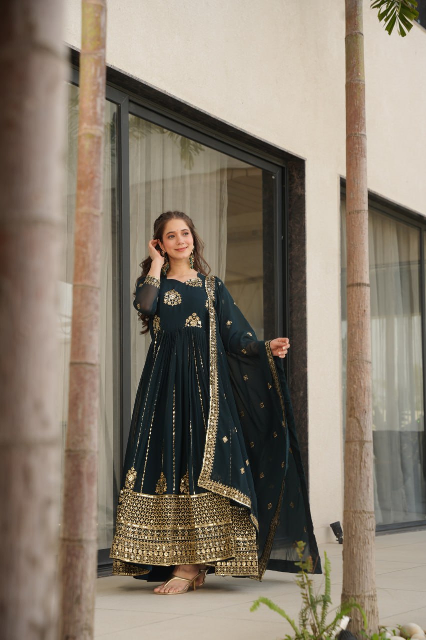 faux blooming gown, designer gown for women, ethnic gown set, zari embroidered gown, sequin work gown, wedding wear gown, festive gown set, stitched gown with dupatta, Indian ethnic wear UK, luxury ethnic gown, full sleeve embroidered gown, ready to wear designer suit, faux blooming fabric gown,