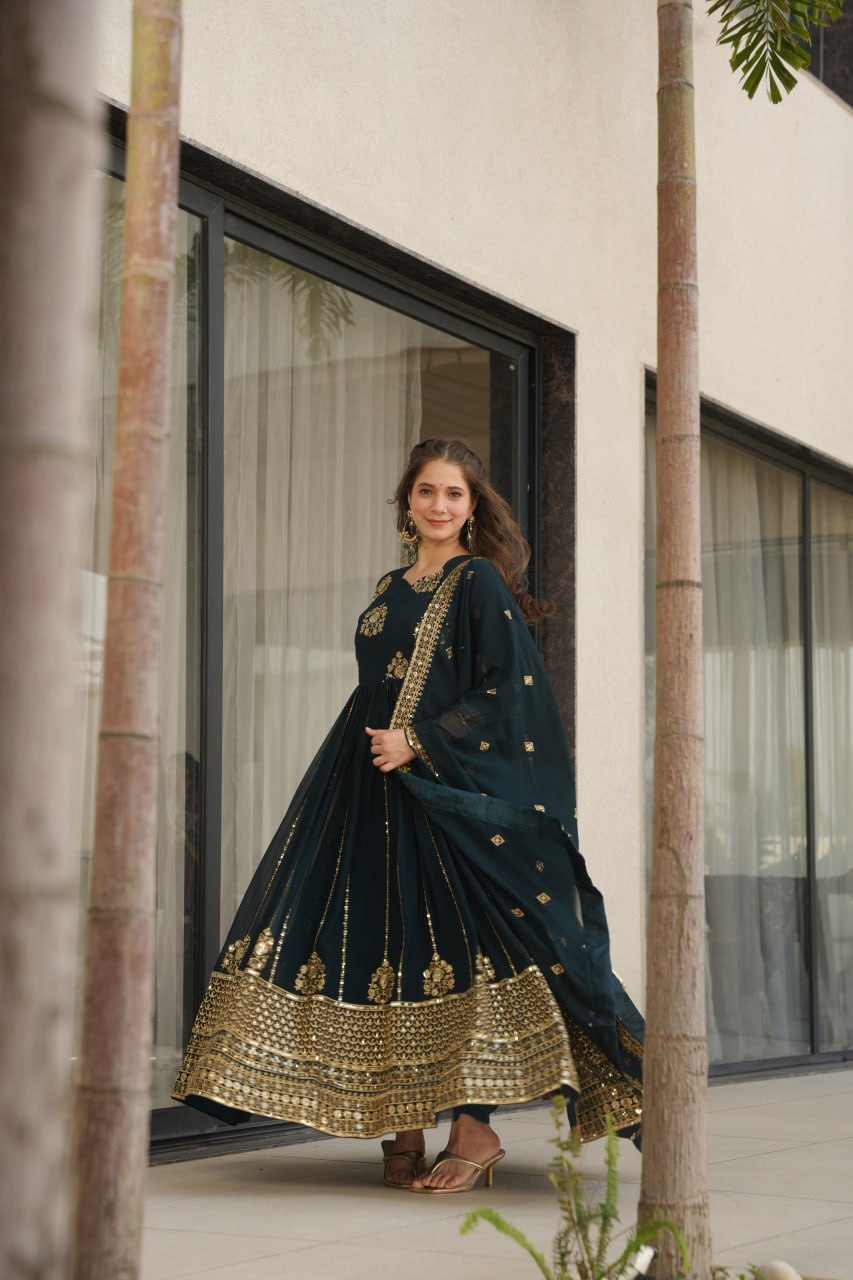 faux blooming gown, designer gown for women, ethnic gown set, zari embroidered gown, sequin work gown, wedding wear gown, festive gown set, stitched gown with dupatta, Indian ethnic wear UK, luxury ethnic gown, full sleeve embroidered gown, ready to wear designer suit, faux blooming fabric gown,