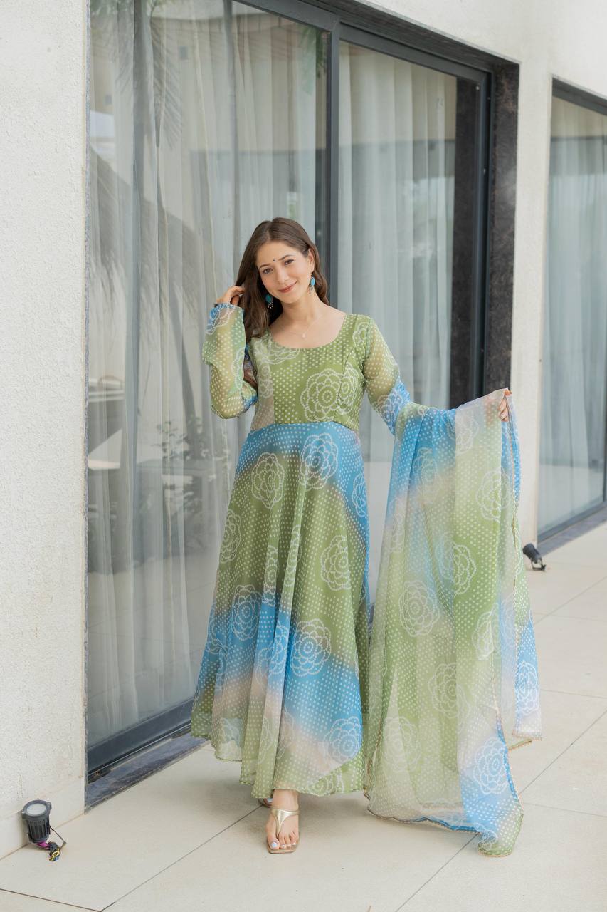 Bandhani Print Organza Silk Anarkali Gown With Pant & Duppatta