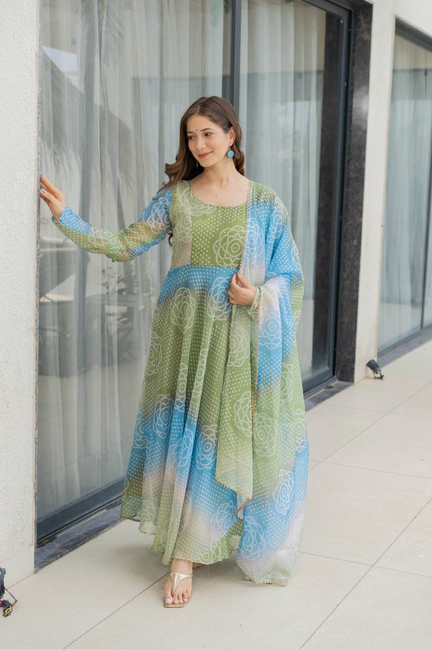 Bandhani Print Organza Silk Anarkali Gown With Pant & Duppatta