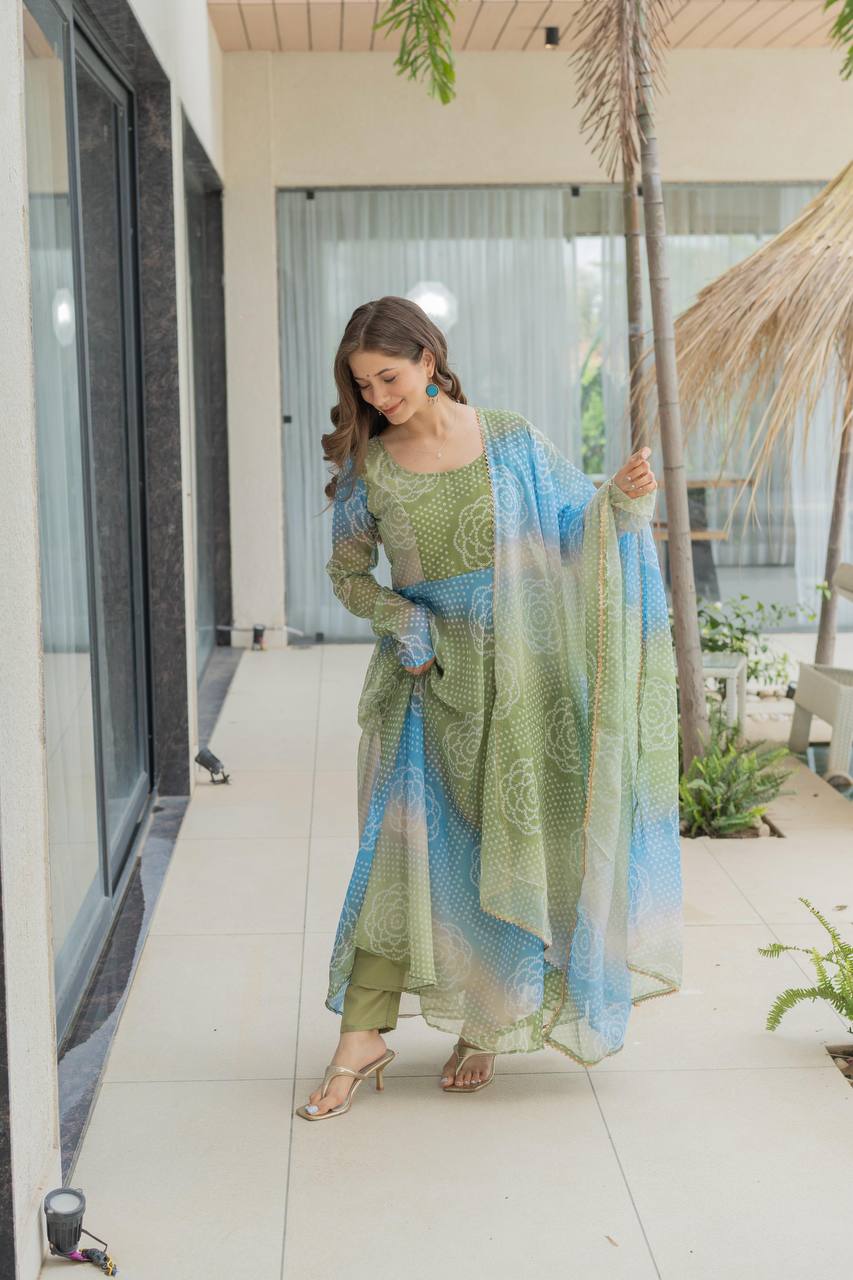 Bandhani Print Organza Silk Anarkali Gown With Pant & Duppatta