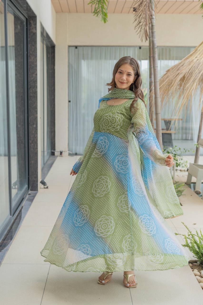 Bandhani Print Organza Silk Anarkali Gown With Pant & Duppatta