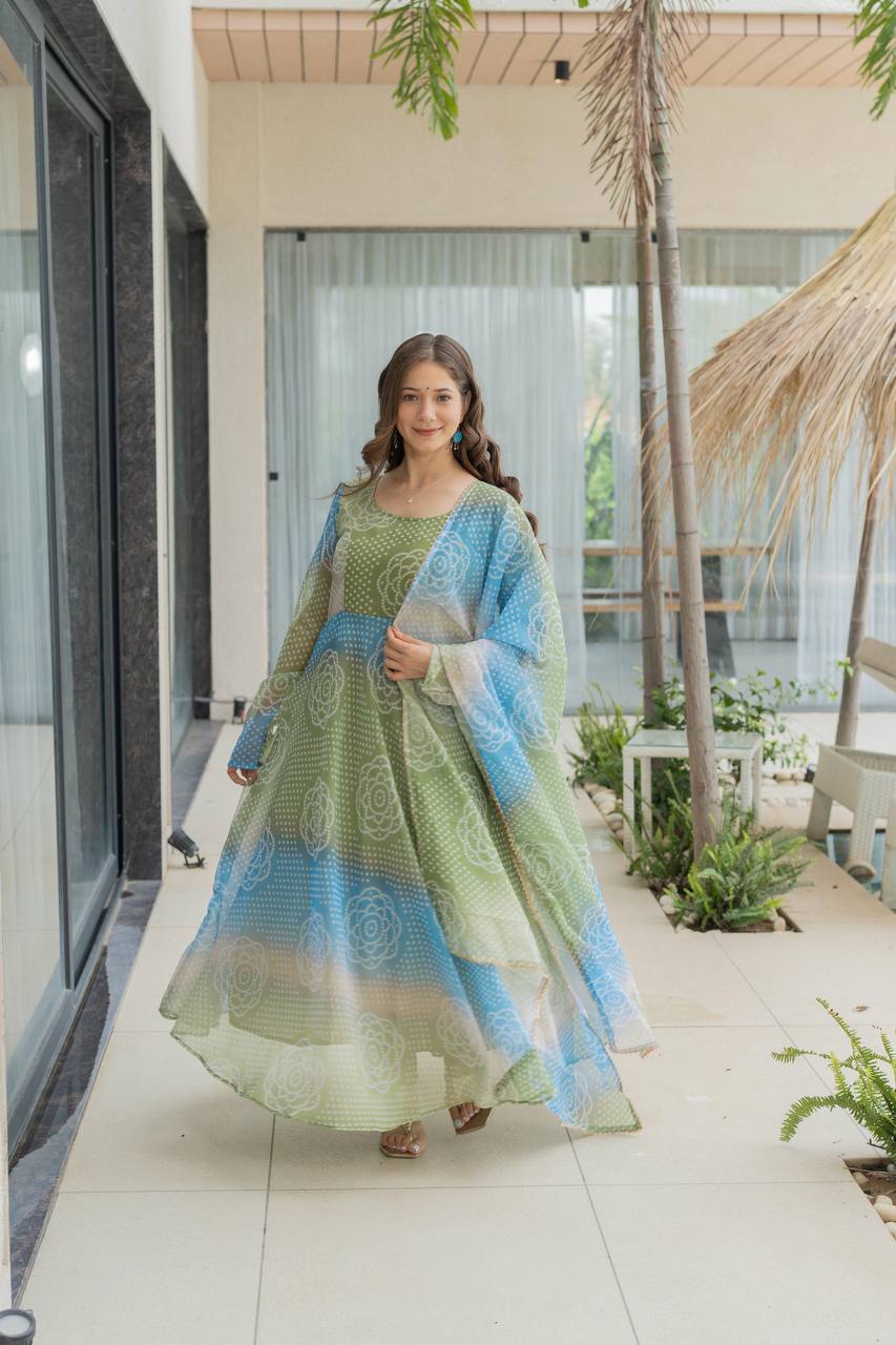 Bandhani Print Organza Silk Anarkali Gown With Pant & Duppatta