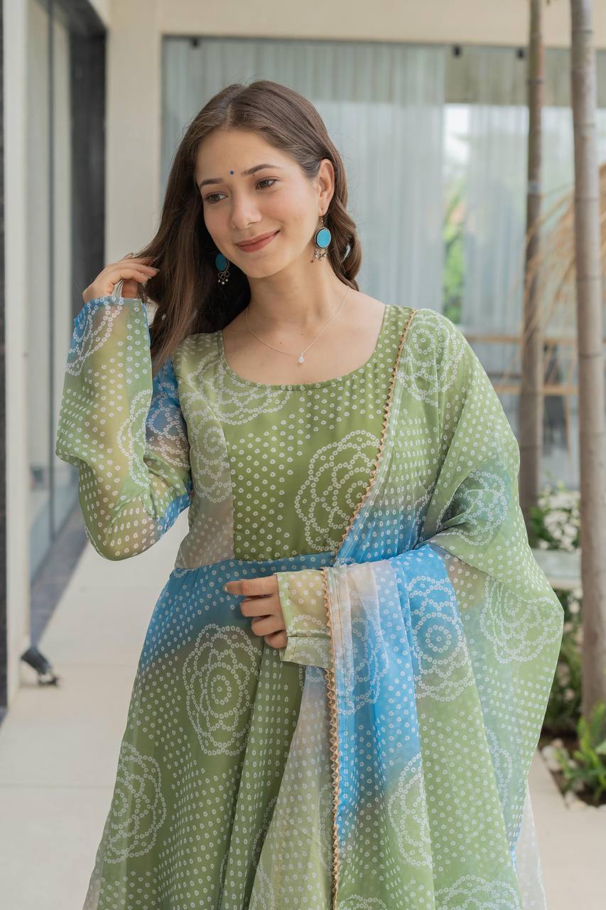 Bandhani Print Organza Silk Anarkali Gown With Pant & Duppatta