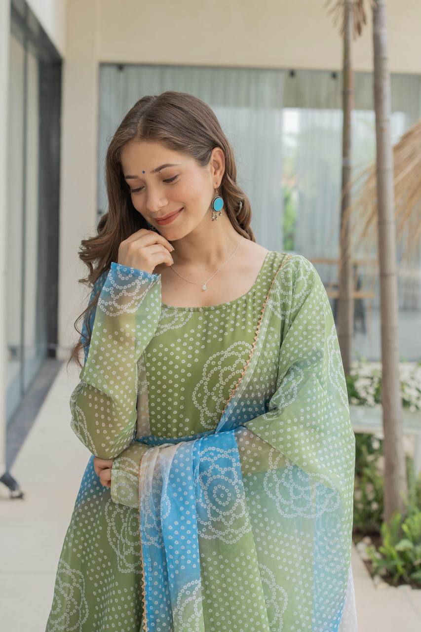 Bandhani Print Organza Silk Anarkali Gown With Pant & Duppatta