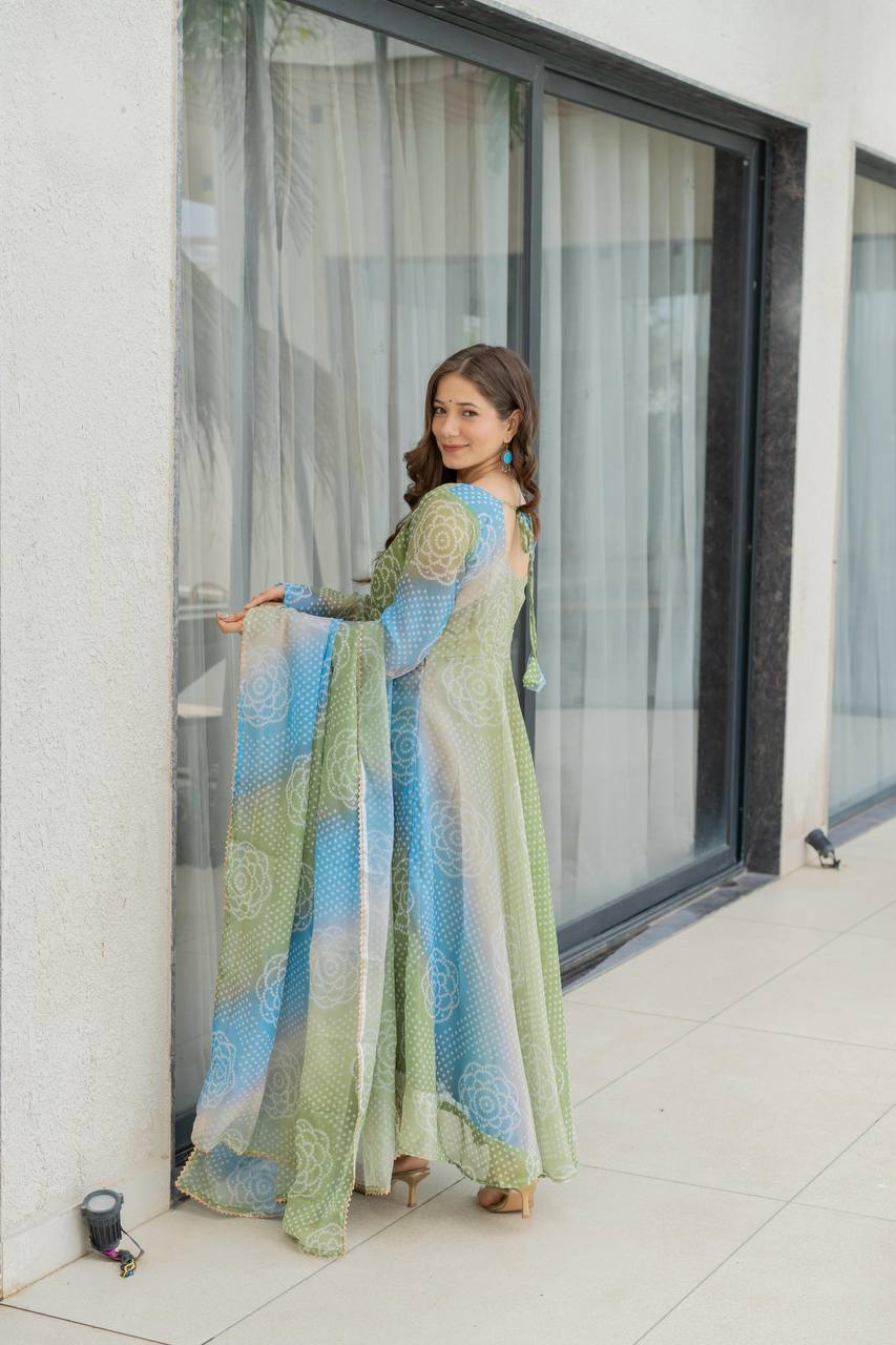 Bandhani Print Organza Silk Anarkali Gown With Pant & Duppatta