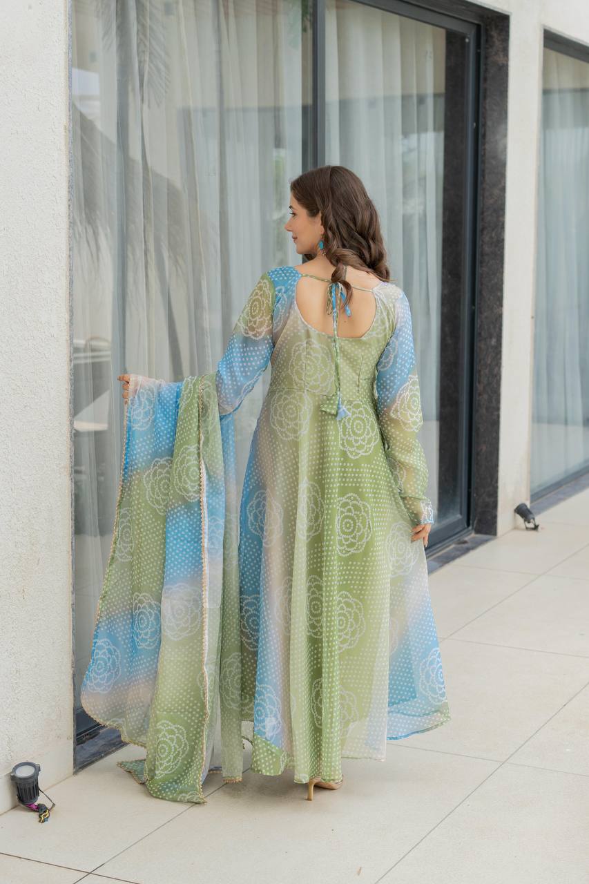 Bandhani Print Organza Silk Anarkali Gown With Pant & Duppatta