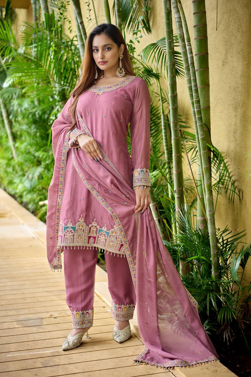 Pink Silk Salwar Kameez Suit With 5mm Sequin Embroidery