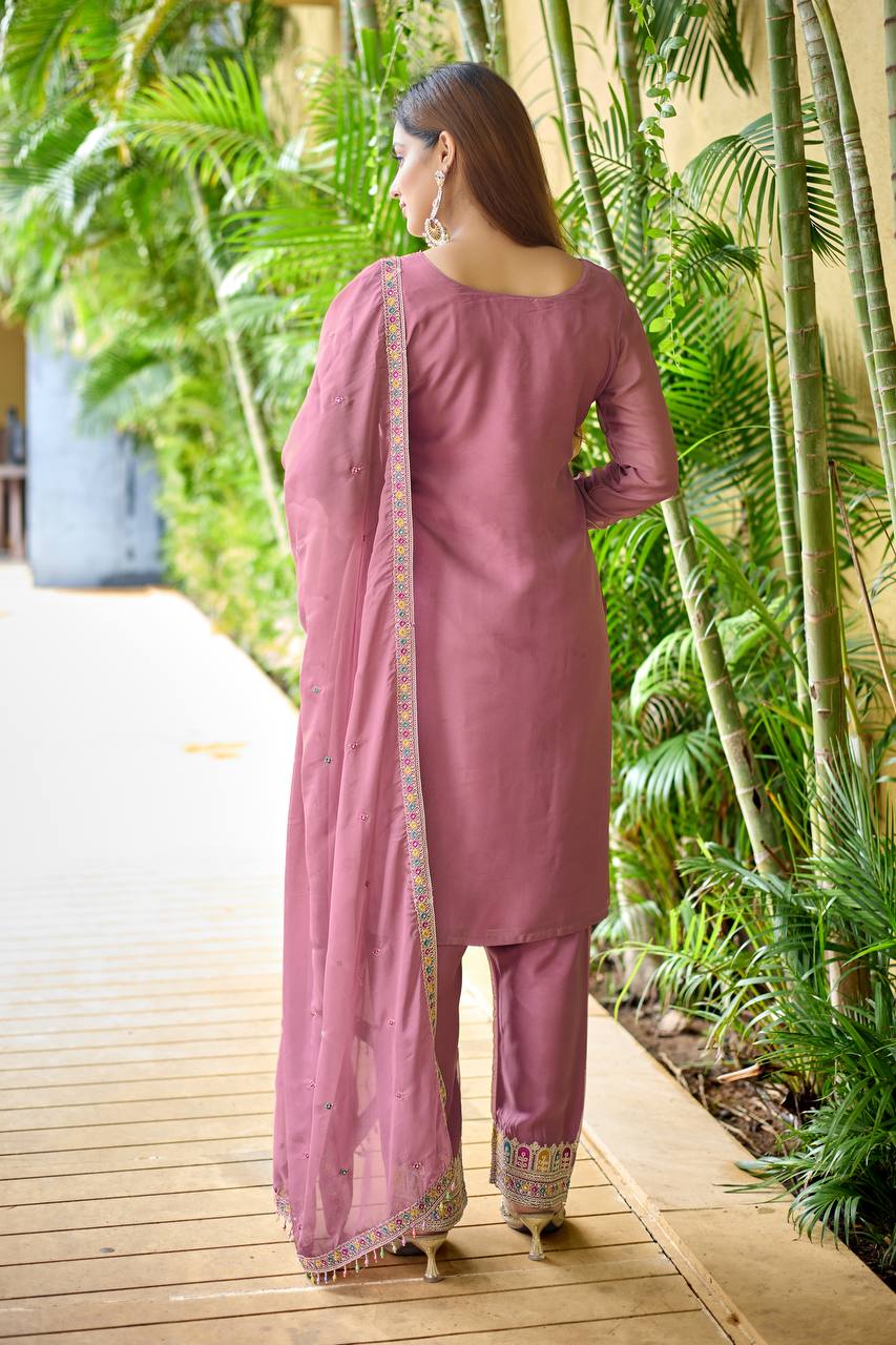 Tebby organza silk embroidered suit with sequins – front view, Organza silk kurta with embroidery and moti lace sleeves, Fully stitched Tebby organza silk pant with embroidery, Organza silk dupatta with sequins and moti lace, Elegant Tebby organza silk festive suit, Designer organza silk ethnic set for weddings, Fancy organza silk suit for party wear, Ready to wear Tebby organza silk suit set