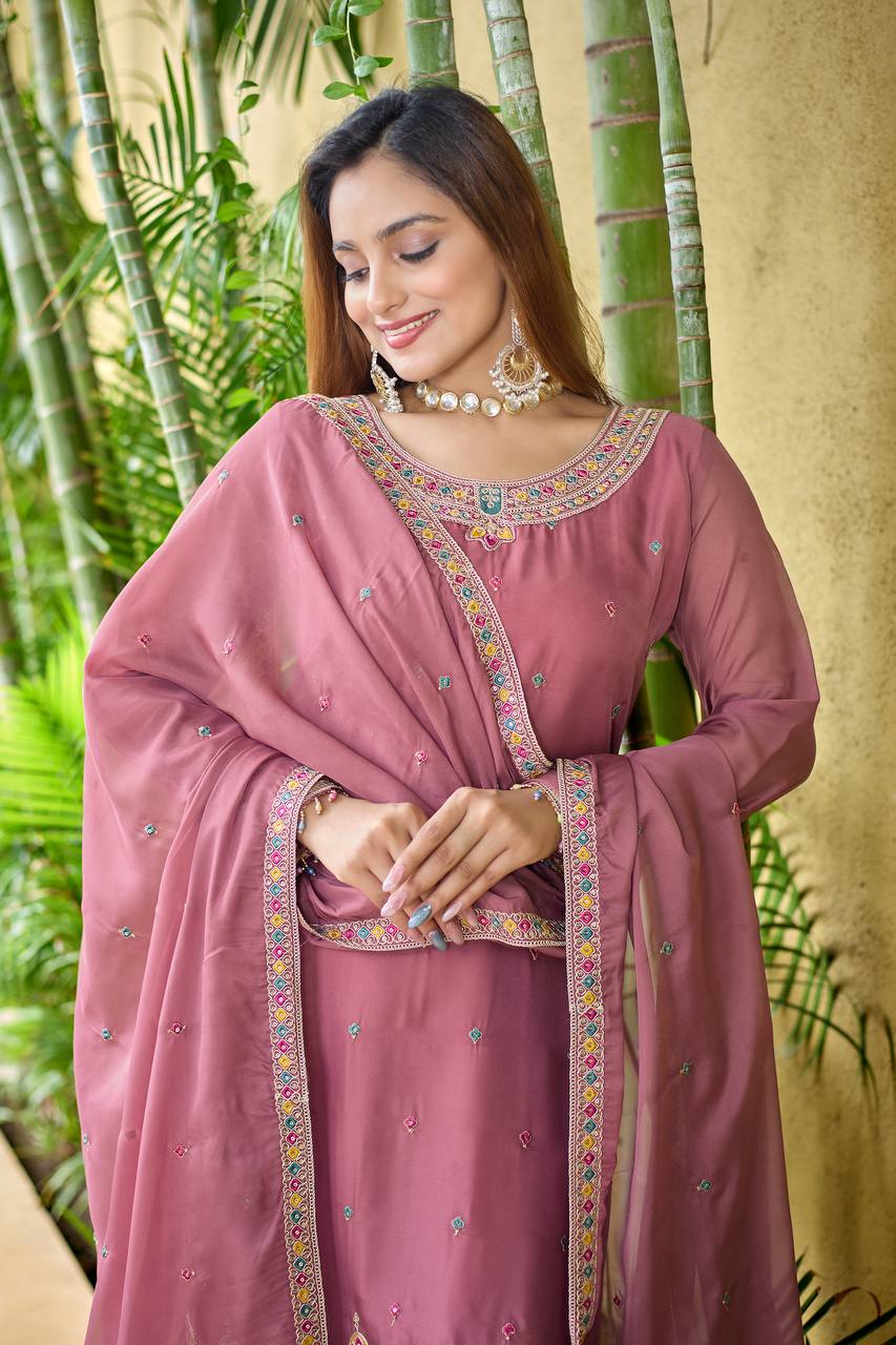 Tebby organza silk embroidered suit with sequins – front view, Organza silk kurta with embroidery and moti lace sleeves, Fully stitched Tebby organza silk pant with embroidery, Organza silk dupatta with sequins and moti lace, Elegant Tebby organza silk festive suit, Designer organza silk ethnic set for weddings, Fancy organza silk suit for party wear, Ready to wear Tebby organza silk suit set