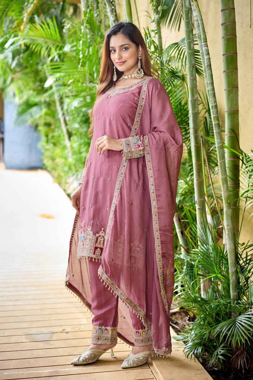 Tebby organza silk embroidered suit with sequins – front view, Organza silk kurta with embroidery and moti lace sleeves, Fully stitched Tebby organza silk pant with embroidery, Organza silk dupatta with sequins and moti lace, Elegant Tebby organza silk festive suit, Designer organza silk ethnic set for weddings, Fancy organza silk suit for party wear, Ready to wear Tebby organza silk suit set