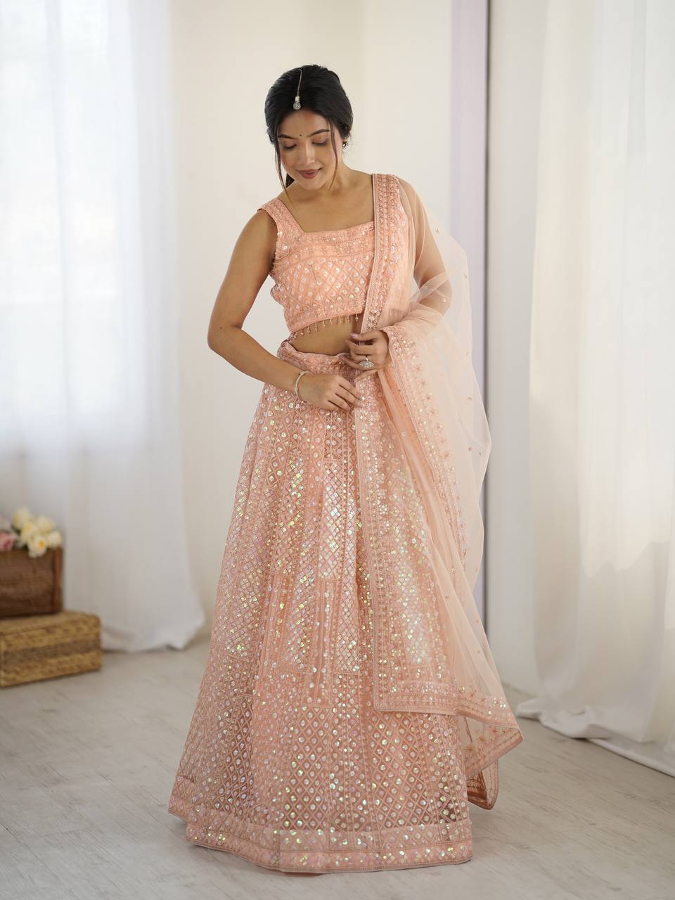 Peach Readymade lehanga With Rainbow Sequin And Dori Embroidery