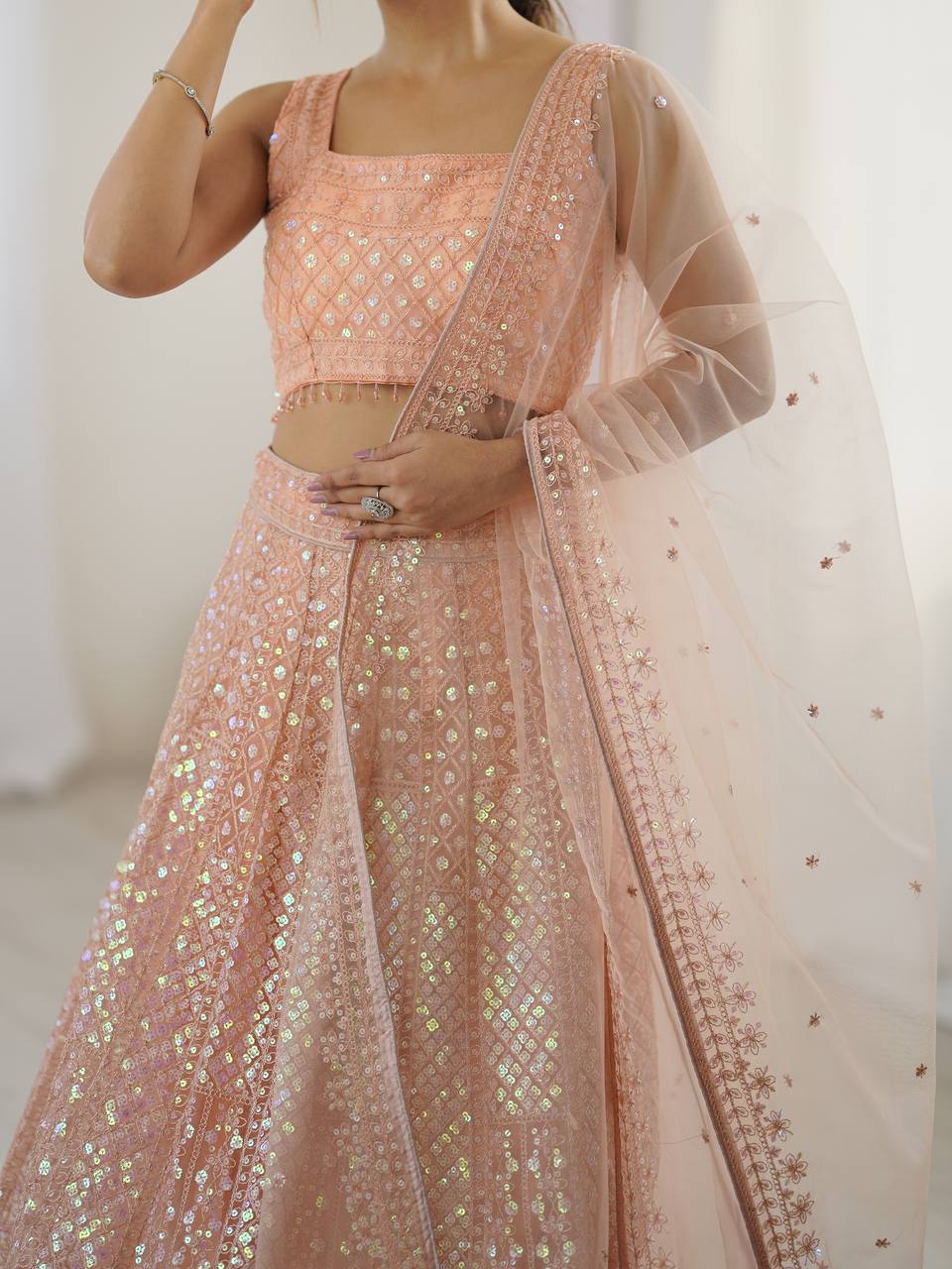 Peach Readymade lehanga With Rainbow Sequin And Dori Embroidery