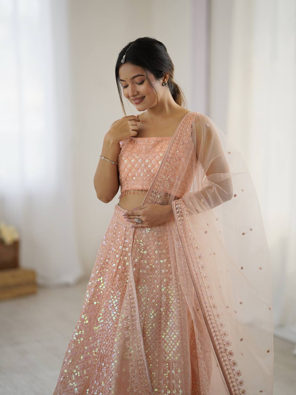 Peach Readymade lehanga With Rainbow Sequin And Dori Embroidery