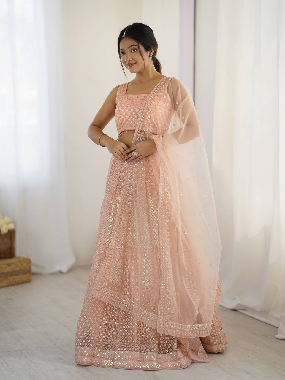 Peach Readymade lehanga With Rainbow Sequin And Dori Embroidery