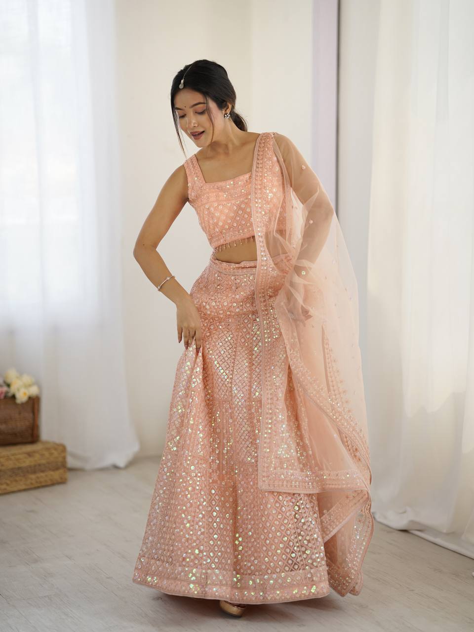 Peach Readymade lehanga With Rainbow Sequin And Dori Embroidery