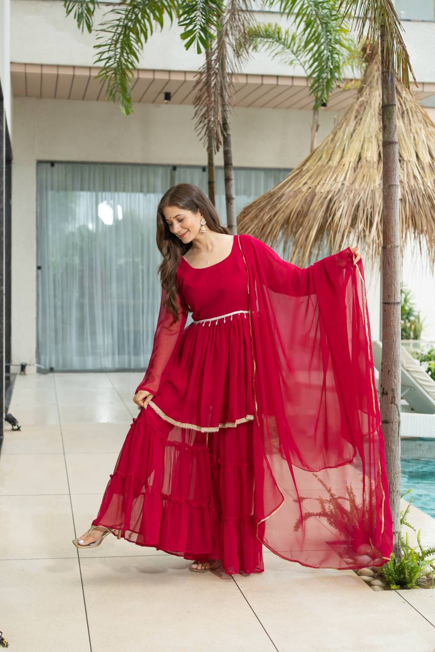 Women's traditional Kediya Sharara set in soft 60 gram fabric with dupatta – front view, Detailed front view of Kediya with 3+ meter flair and micro cotton inner lining, Fancy lace border dupatta in heavy 60 gram fabric – 2.1 meter length, Free-size fully stitched plazo in matching 60 gram fabric, Complete traditional outfit set with Kediya, sharara, and dupatta – ready to wear, Available sizes for Kediya Sharara set – S to XXL