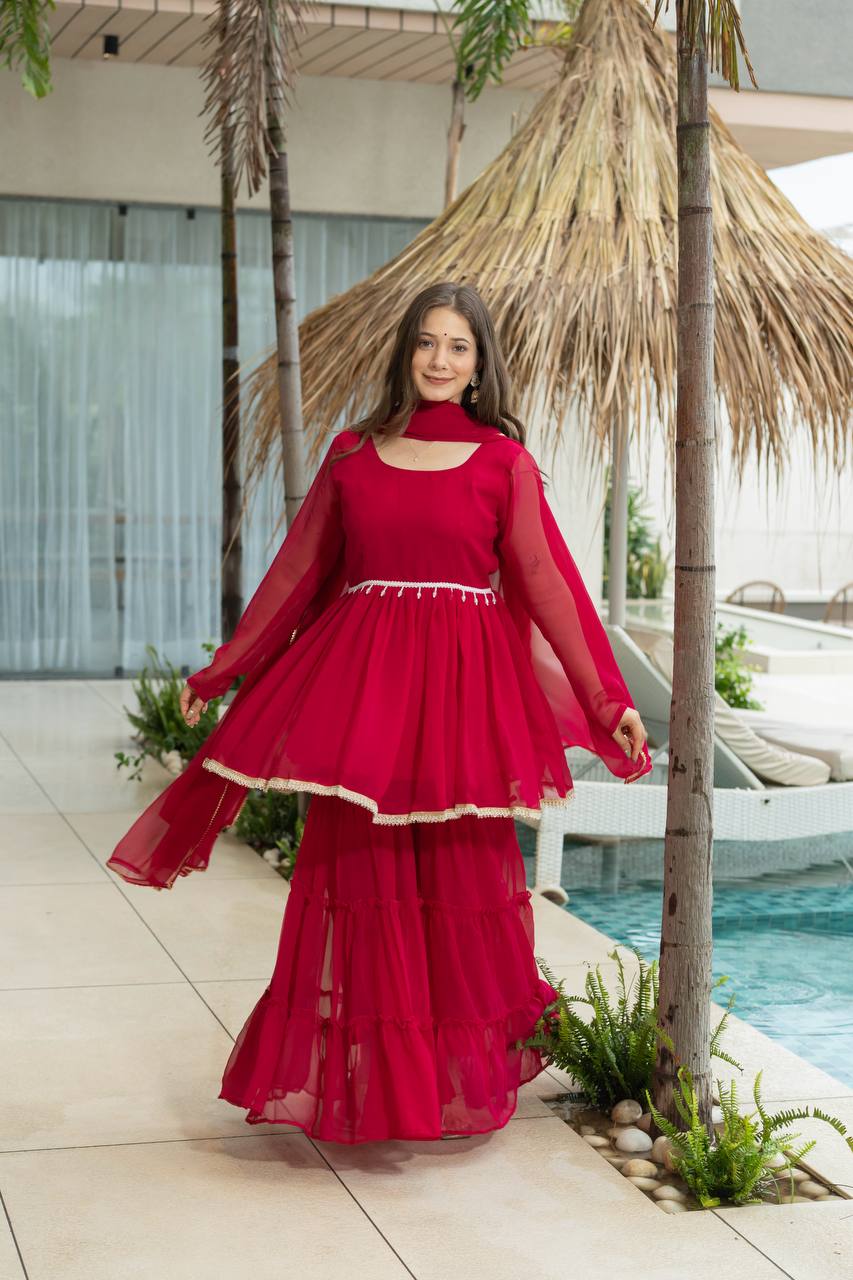 Women's traditional Kediya Sharara set in soft 60 gram fabric with dupatta – front view, Detailed front view of Kediya with 3+ meter flair and micro cotton inner lining, Fancy lace border dupatta in heavy 60 gram fabric – 2.1 meter length, Free-size fully stitched plazo in matching 60 gram fabric, Complete traditional outfit set with Kediya, sharara, and dupatta – ready to wear, Available sizes for Kediya Sharara set – S to XXL