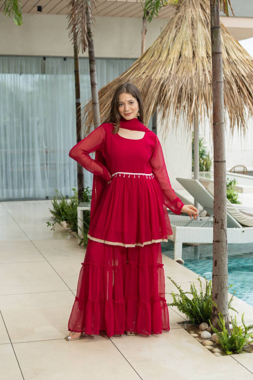 Women's traditional Kediya Sharara set in soft 60 gram fabric with dupatta – front view, Detailed front view of Kediya with 3+ meter flair and micro cotton inner lining, Fancy lace border dupatta in heavy 60 gram fabric – 2.1 meter length, Free-size fully stitched plazo in matching 60 gram fabric, Complete traditional outfit set with Kediya, sharara, and dupatta – ready to wear, Available sizes for Kediya Sharara set – S to XXL