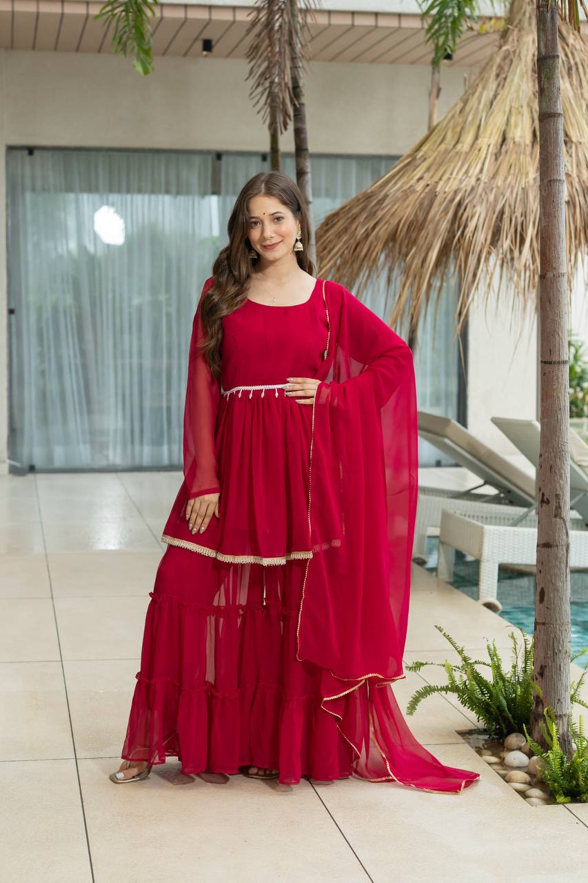 Women's traditional Kediya Sharara set in soft 60 gram fabric with dupatta – front view, Detailed front view of Kediya with 3+ meter flair and micro cotton inner lining, Fancy lace border dupatta in heavy 60 gram fabric – 2.1 meter length, Free-size fully stitched plazo in matching 60 gram fabric, Complete traditional outfit set with Kediya, sharara, and dupatta – ready to wear, Available sizes for Kediya Sharara set – S to XXL