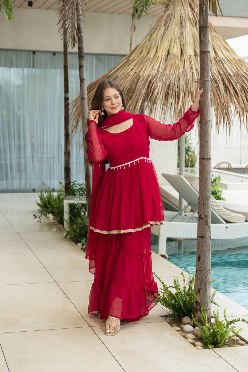 Women's traditional Kediya Sharara set in soft 60 gram fabric with dupatta – front view, Detailed front view of Kediya with 3+ meter flair and micro cotton inner lining, Fancy lace border dupatta in heavy 60 gram fabric – 2.1 meter length, Free-size fully stitched plazo in matching 60 gram fabric, Complete traditional outfit set with Kediya, sharara, and dupatta – ready to wear, Available sizes for Kediya Sharara set – S to XXL