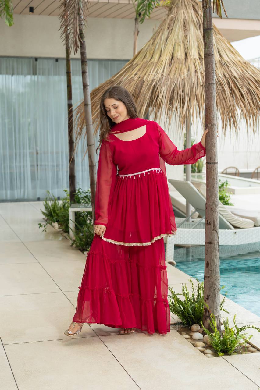 Women's traditional Kediya Sharara set in soft 60 gram fabric with dupatta – front view, Detailed front view of Kediya with 3+ meter flair and micro cotton inner lining, Fancy lace border dupatta in heavy 60 gram fabric – 2.1 meter length, Free-size fully stitched plazo in matching 60 gram fabric, Complete traditional outfit set with Kediya, sharara, and dupatta – ready to wear, Available sizes for Kediya Sharara set – S to XXL