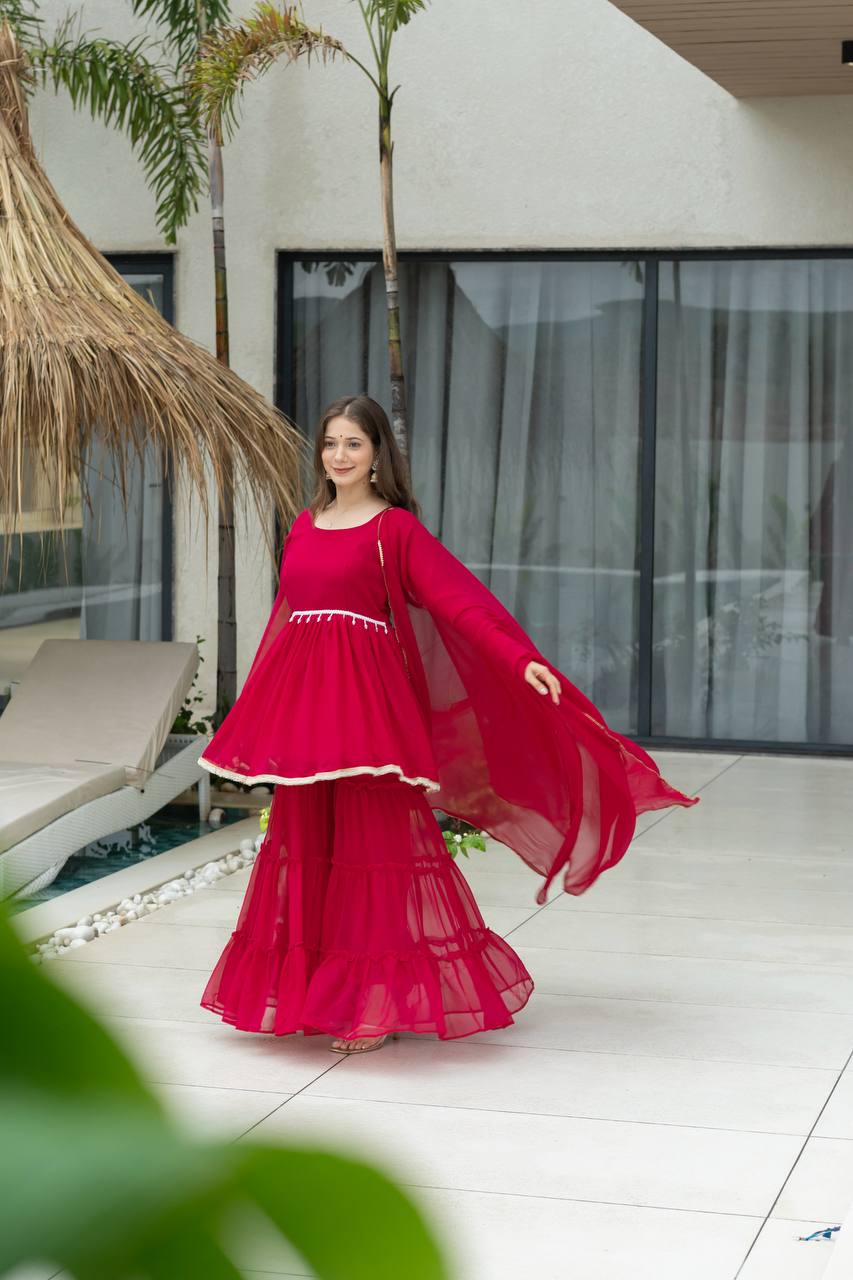 Women's traditional Kediya Sharara set in soft 60 gram fabric with dupatta – front view, Detailed front view of Kediya with 3+ meter flair and micro cotton inner lining, Fancy lace border dupatta in heavy 60 gram fabric – 2.1 meter length, Free-size fully stitched plazo in matching 60 gram fabric, Complete traditional outfit set with Kediya, sharara, and dupatta – ready to wear, Available sizes for Kediya Sharara set – S to XXL