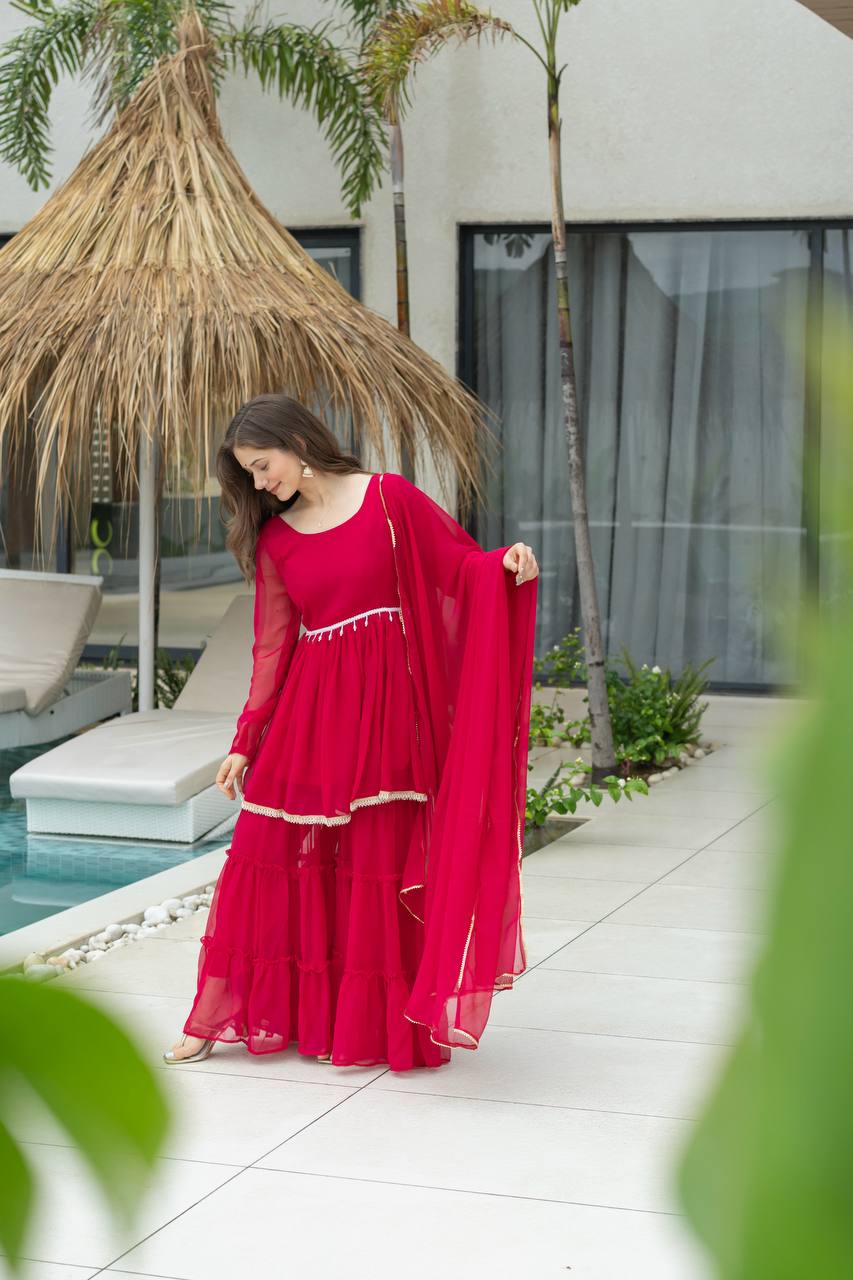 Women's traditional Kediya Sharara set in soft 60 gram fabric with dupatta – front view, Detailed front view of Kediya with 3+ meter flair and micro cotton inner lining, Fancy lace border dupatta in heavy 60 gram fabric – 2.1 meter length, Free-size fully stitched plazo in matching 60 gram fabric, Complete traditional outfit set with Kediya, sharara, and dupatta – ready to wear, Available sizes for Kediya Sharara set – S to XXL