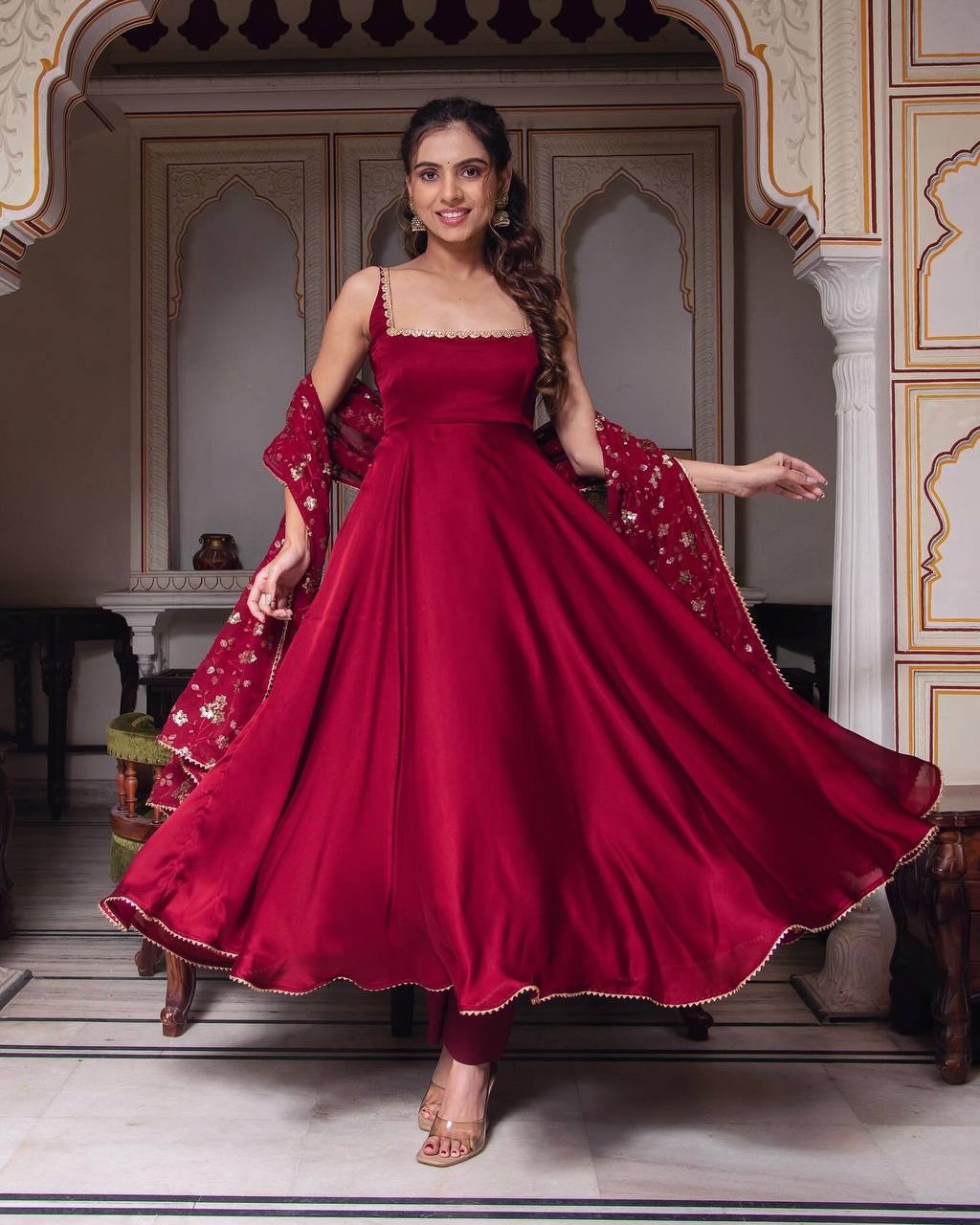 Faux georgette embroidered flair suit set – front view, 4 meter flair faux georgette kurta with sequin work, Heavy faux georgette dupatta with lace border, Fully stitched micro cotton bottom wear, Embroidery and sequin detailing on georgette fabric, Ready-to-wear faux georgette festive suit, Party wear georgette flair suit with dupatta, Elegant georgette suit set for women