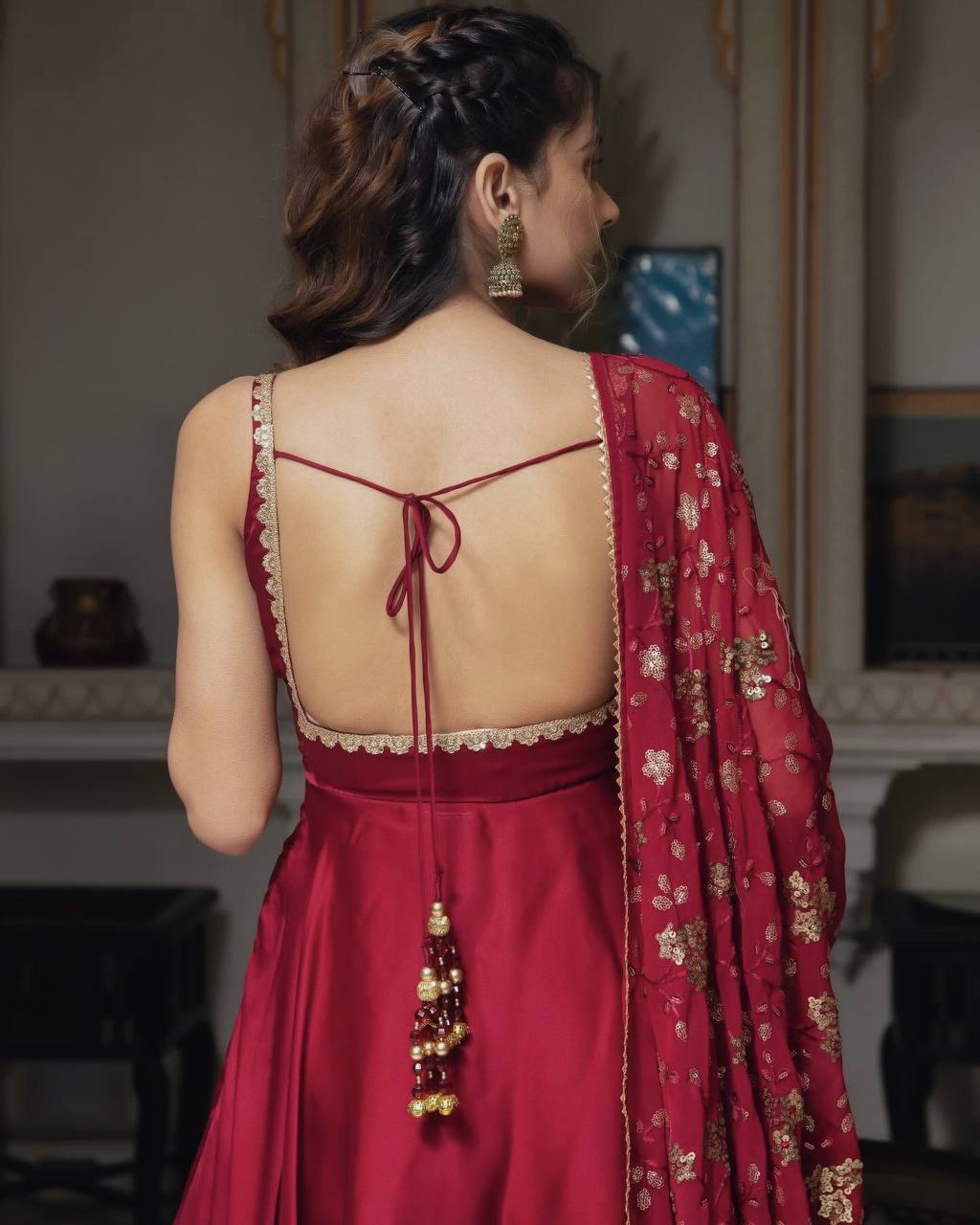 Faux georgette embroidered flair suit set – front view, 4 meter flair faux georgette kurta with sequin work, Heavy faux georgette dupatta with lace border, Fully stitched micro cotton bottom wear, Embroidery and sequin detailing on georgette fabric, Ready-to-wear faux georgette festive suit, Party wear georgette flair suit with dupatta, Elegant georgette suit set for women