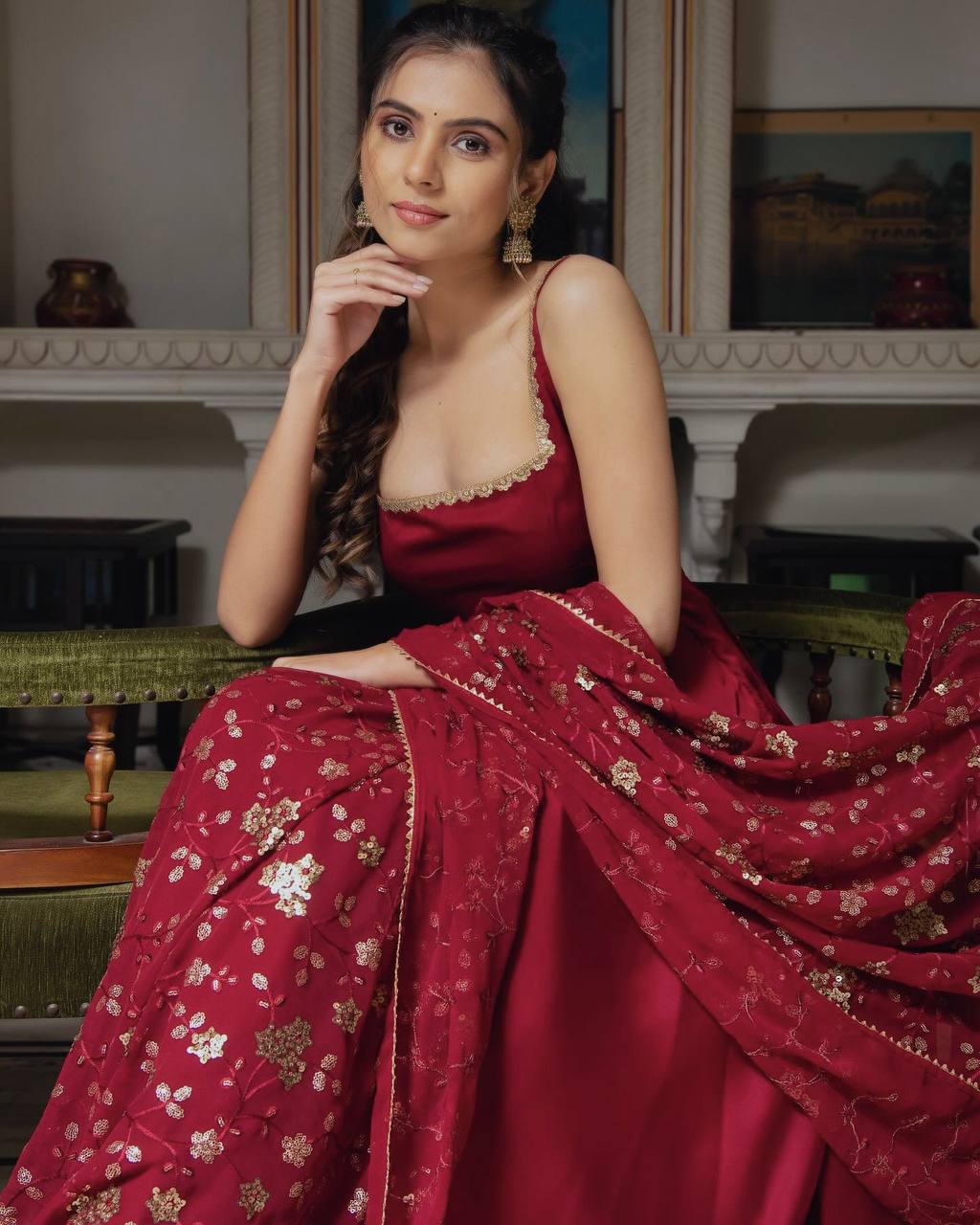 Faux georgette embroidered flair suit set – front view, 4 meter flair faux georgette kurta with sequin work, Heavy faux georgette dupatta with lace border, Fully stitched micro cotton bottom wear, Embroidery and sequin detailing on georgette fabric, Ready-to-wear faux georgette festive suit, Party wear georgette flair suit with dupatta, Elegant georgette suit set for women