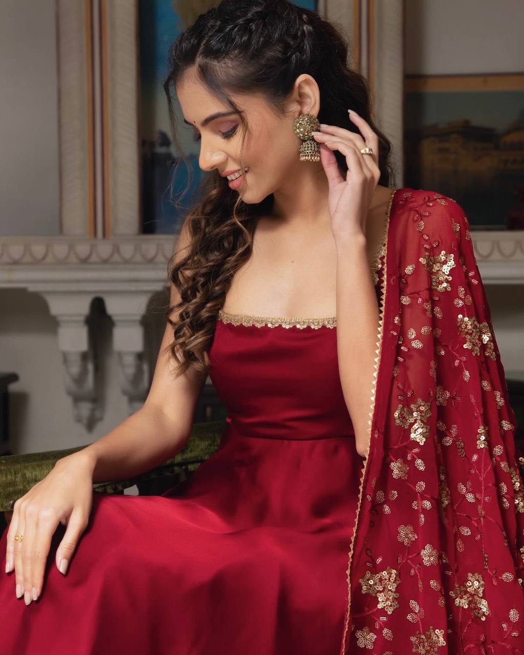 Faux georgette embroidered flair suit set – front view, 4 meter flair faux georgette kurta with sequin work, Heavy faux georgette dupatta with lace border, Fully stitched micro cotton bottom wear, Embroidery and sequin detailing on georgette fabric, Ready-to-wear faux georgette festive suit, Party wear georgette flair suit with dupatta, Elegant georgette suit set for women