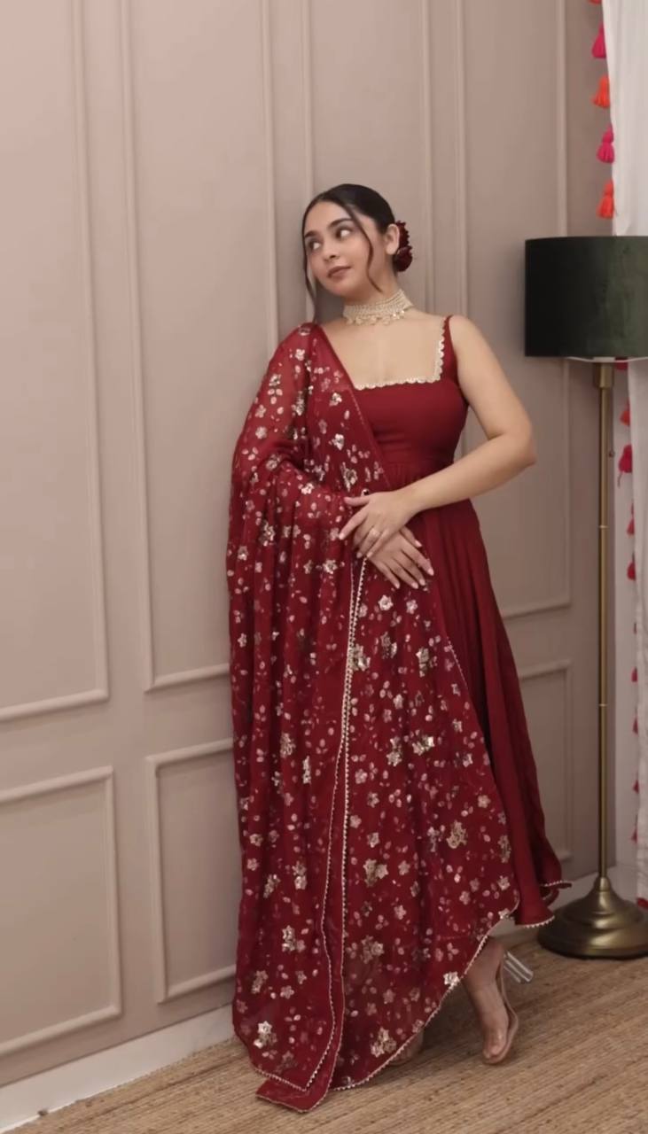 Faux georgette embroidered flair suit set – front view, 4 meter flair faux georgette kurta with sequin work, Heavy faux georgette dupatta with lace border, Fully stitched micro cotton bottom wear, Embroidery and sequin detailing on georgette fabric, Ready-to-wear faux georgette festive suit, Party wear georgette flair suit with dupatta, Elegant georgette suit set for women
