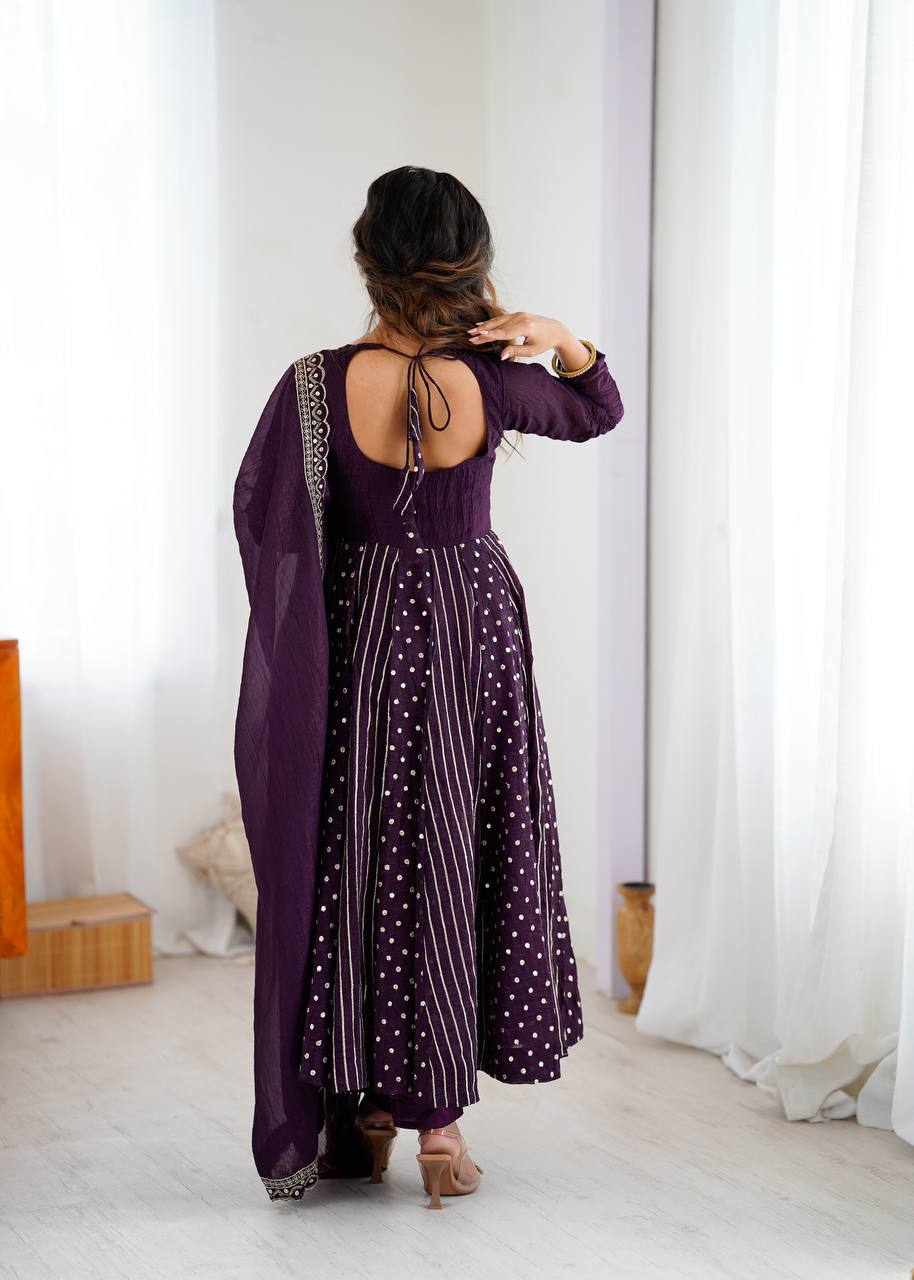 Crunchy silk Anarkali gown set with embroidery – front view, Full sleeve embroidered Anarkali gown in crunchy silk, Elegant Anarkali gown with sequence work, Micro cotton pant with Anarkali gown set, Crunchy silk dupatta with lace border, Designer Anarkali gown for festive wear, Party wear crunchy silk Anarkali dress, Fully stitched long Anarkali gown with dupatta