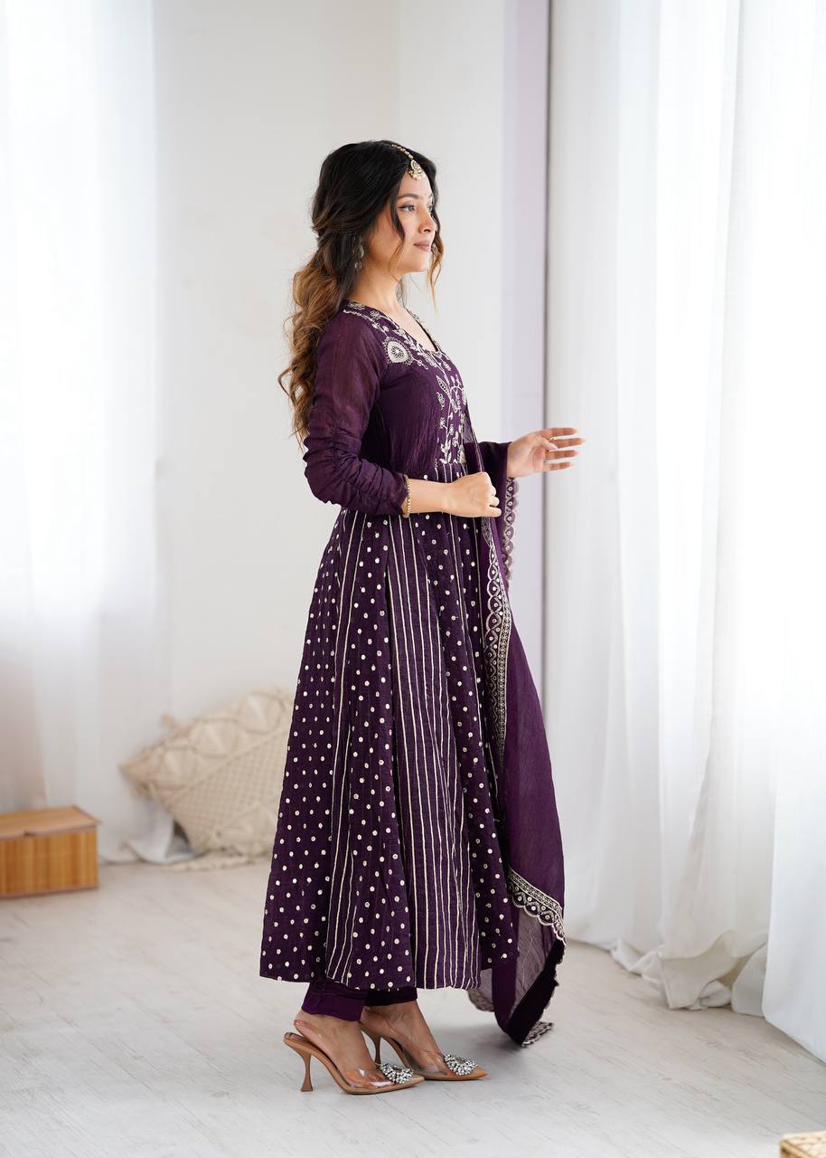 Crunchy silk Anarkali gown set with embroidery – front view, Full sleeve embroidered Anarkali gown in crunchy silk, Elegant Anarkali gown with sequence work, Micro cotton pant with Anarkali gown set, Crunchy silk dupatta with lace border, Designer Anarkali gown for festive wear, Party wear crunchy silk Anarkali dress, Fully stitched long Anarkali gown with dupatta