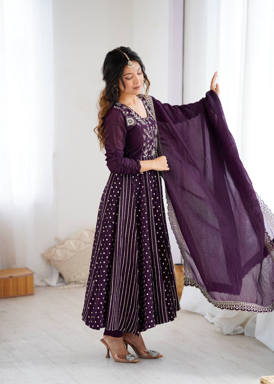 Crunchy silk Anarkali gown set with embroidery – front view, Full sleeve embroidered Anarkali gown in crunchy silk, Elegant Anarkali gown with sequence work, Micro cotton pant with Anarkali gown set, Crunchy silk dupatta with lace border, Designer Anarkali gown for festive wear, Party wear crunchy silk Anarkali dress, Fully stitched long Anarkali gown with dupatta