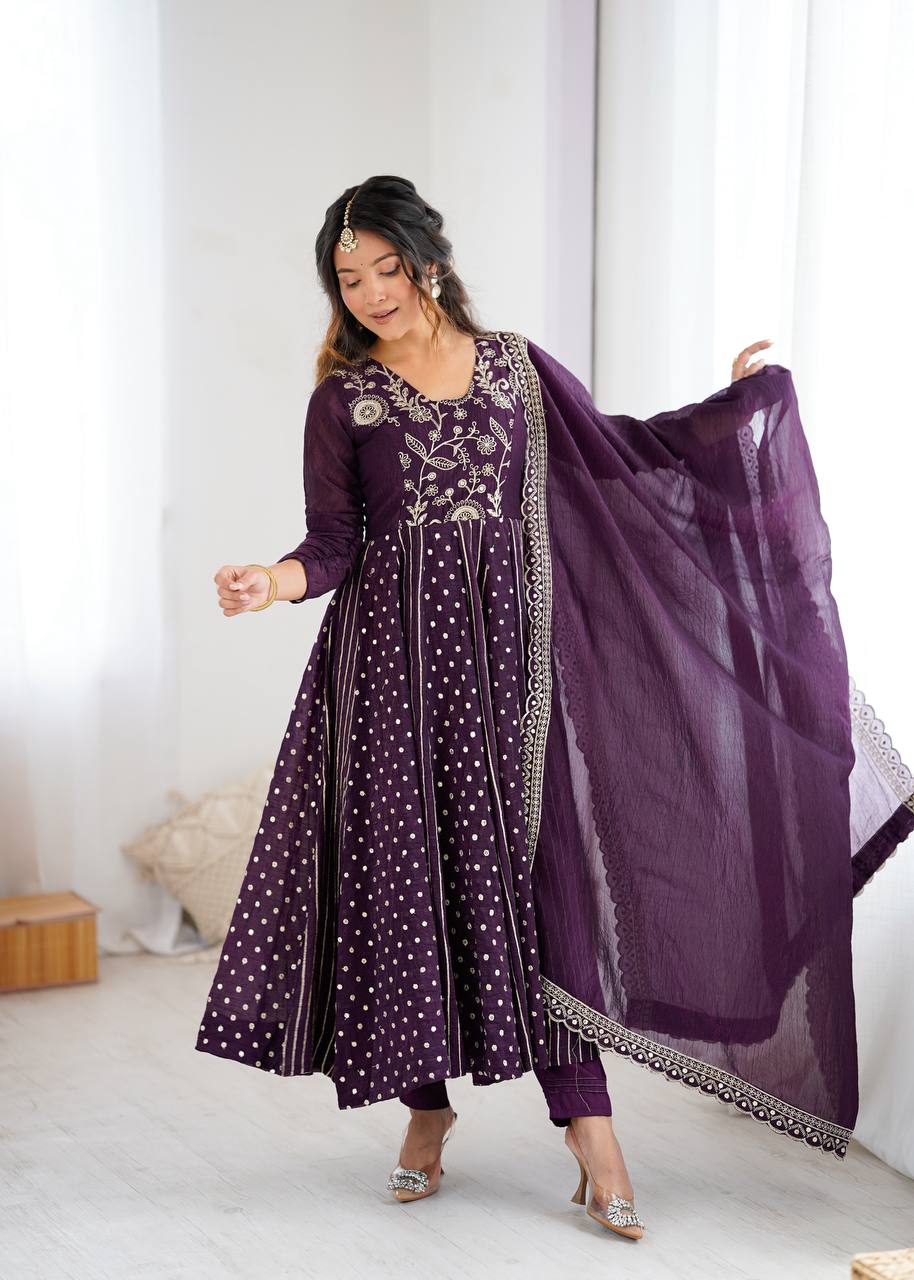 Crunchy silk Anarkali gown set with embroidery – front view, Full sleeve embroidered Anarkali gown in crunchy silk, Elegant Anarkali gown with sequence work, Micro cotton pant with Anarkali gown set, Crunchy silk dupatta with lace border, Designer Anarkali gown for festive wear, Party wear crunchy silk Anarkali dress, Fully stitched long Anarkali gown with dupatta