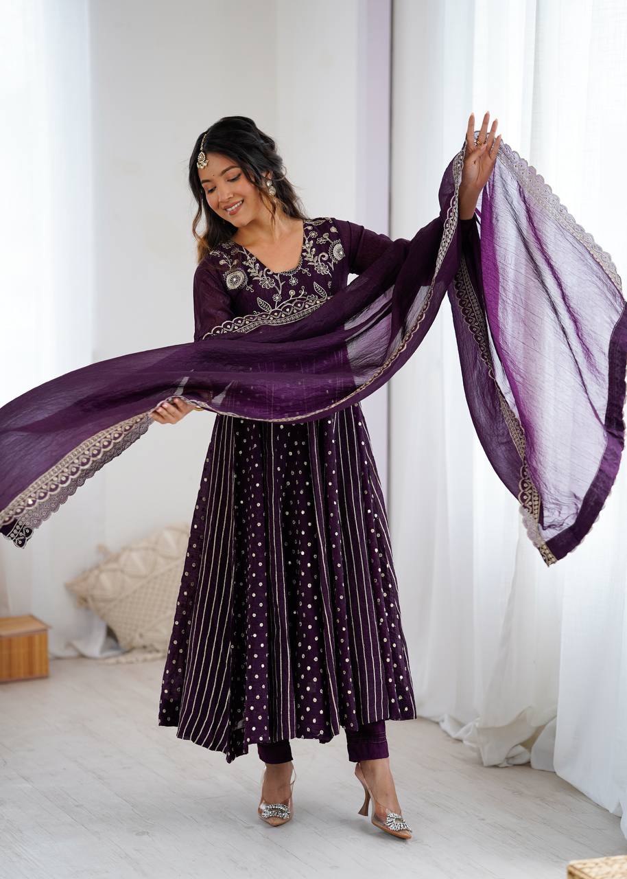 Crunchy silk Anarkali gown set with embroidery – front view, Full sleeve embroidered Anarkali gown in crunchy silk, Elegant Anarkali gown with sequence work, Micro cotton pant with Anarkali gown set, Crunchy silk dupatta with lace border, Designer Anarkali gown for festive wear, Party wear crunchy silk Anarkali dress, Fully stitched long Anarkali gown with dupatta