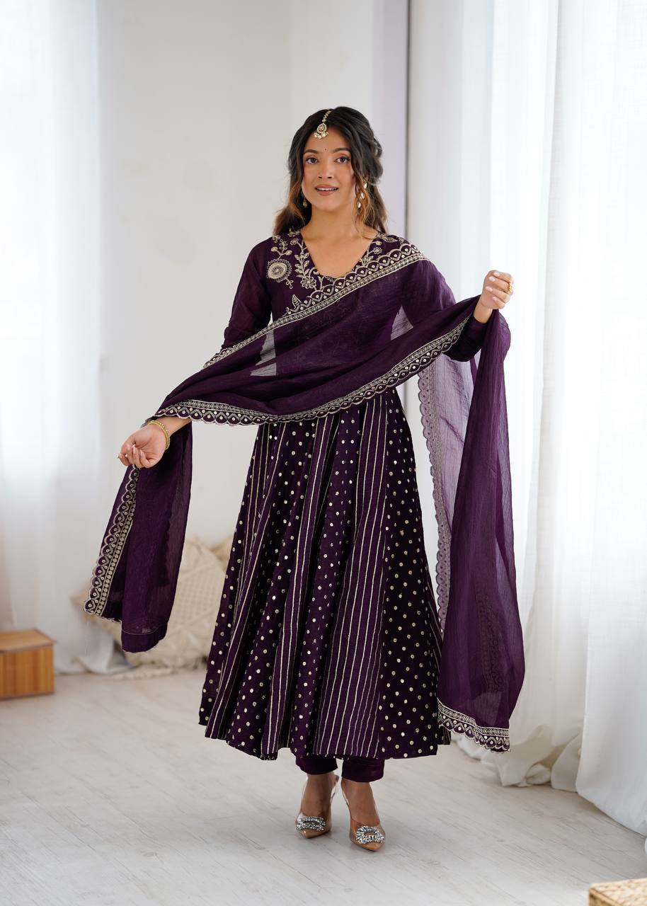 Crunchy silk Anarkali gown set with embroidery – front view, Full sleeve embroidered Anarkali gown in crunchy silk, Elegant Anarkali gown with sequence work, Micro cotton pant with Anarkali gown set, Crunchy silk dupatta with lace border, Designer Anarkali gown for festive wear, Party wear crunchy silk Anarkali dress, Fully stitched long Anarkali gown with dupatta