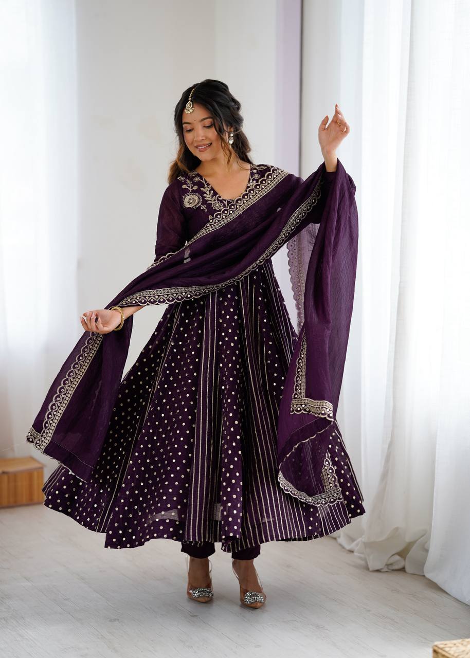 Crunchy silk Anarkali gown set with embroidery – front view, Full sleeve embroidered Anarkali gown in crunchy silk, Elegant Anarkali gown with sequence work, Micro cotton pant with Anarkali gown set, Crunchy silk dupatta with lace border, Designer Anarkali gown for festive wear, Party wear crunchy silk Anarkali dress, Fully stitched long Anarkali gown with dupatta