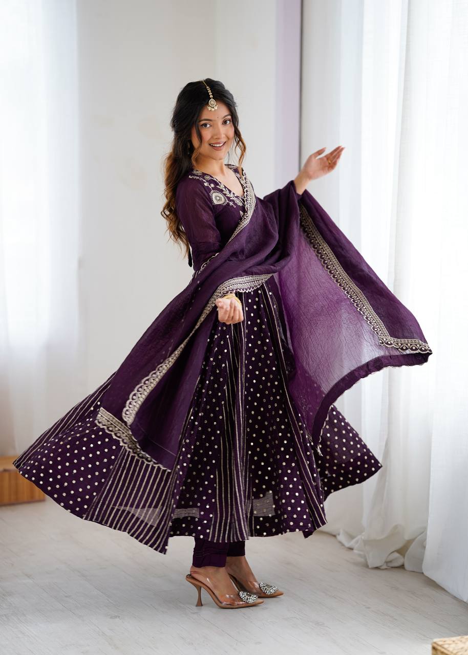 Crunchy silk Anarkali gown set with embroidery – front view, Full sleeve embroidered Anarkali gown in crunchy silk, Elegant Anarkali gown with sequence work, Micro cotton pant with Anarkali gown set, Crunchy silk dupatta with lace border, Designer Anarkali gown for festive wear, Party wear crunchy silk Anarkali dress, Fully stitched long Anarkali gown with dupatta
