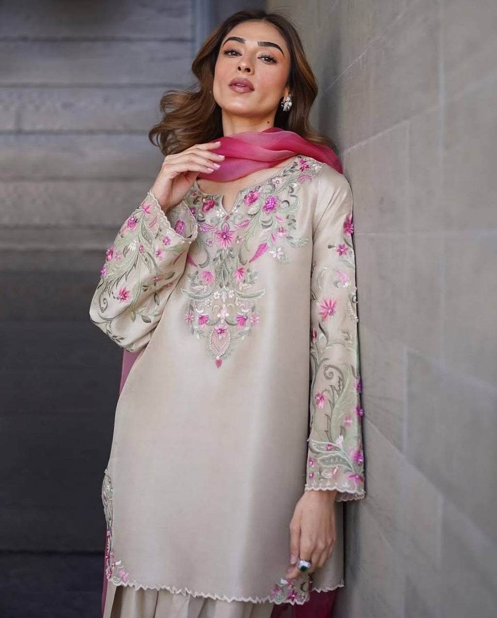 French crepe Farsi salwar suit with organza dupatta – front view, Designer embroidered French crepe top, Soft printed organza dupatta with lace and tassels, Fully stitched French crepe salwar suit, Elegant salwar suit for festive wear, Premium French crepe suit set for women, Party wear salwar suit with organza dupatta, Wedding guest salwar suit in French crepe