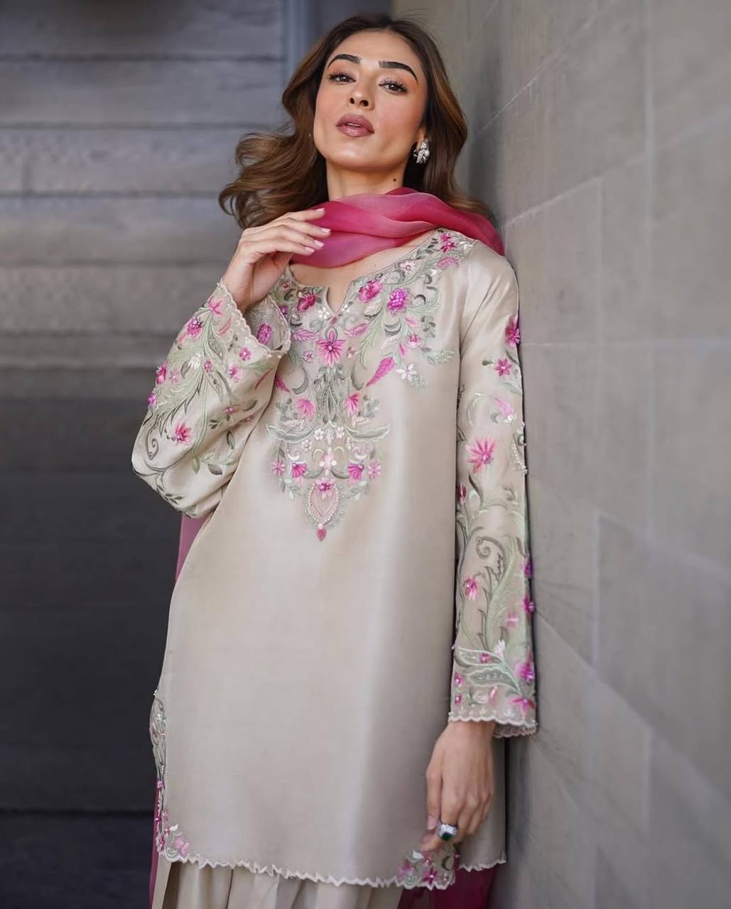 French crepe Farsi salwar suit with organza dupatta – front view, Designer embroidered French crepe top, Soft printed organza dupatta with lace and tassels, Fully stitched French crepe salwar suit, Elegant salwar suit for festive wear, Premium French crepe suit set for women, Party wear salwar suit with organza dupatta, Wedding guest salwar suit in French crepe