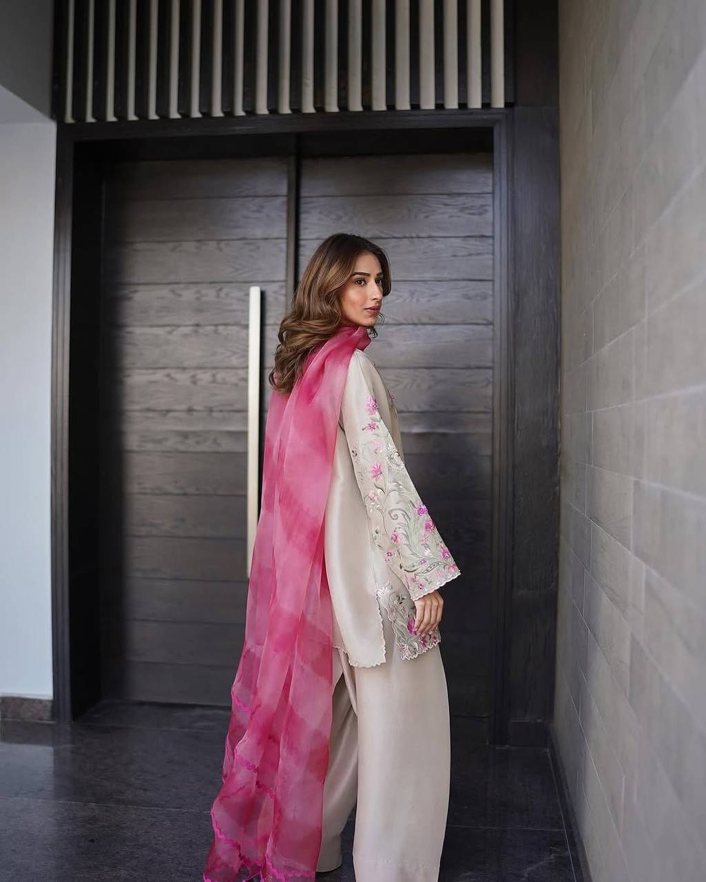 French crepe Farsi salwar suit with organza dupatta – front view, Designer embroidered French crepe top, Soft printed organza dupatta with lace and tassels, Fully stitched French crepe salwar suit, Elegant salwar suit for festive wear, Premium French crepe suit set for women, Party wear salwar suit with organza dupatta, Wedding guest salwar suit in French crepe