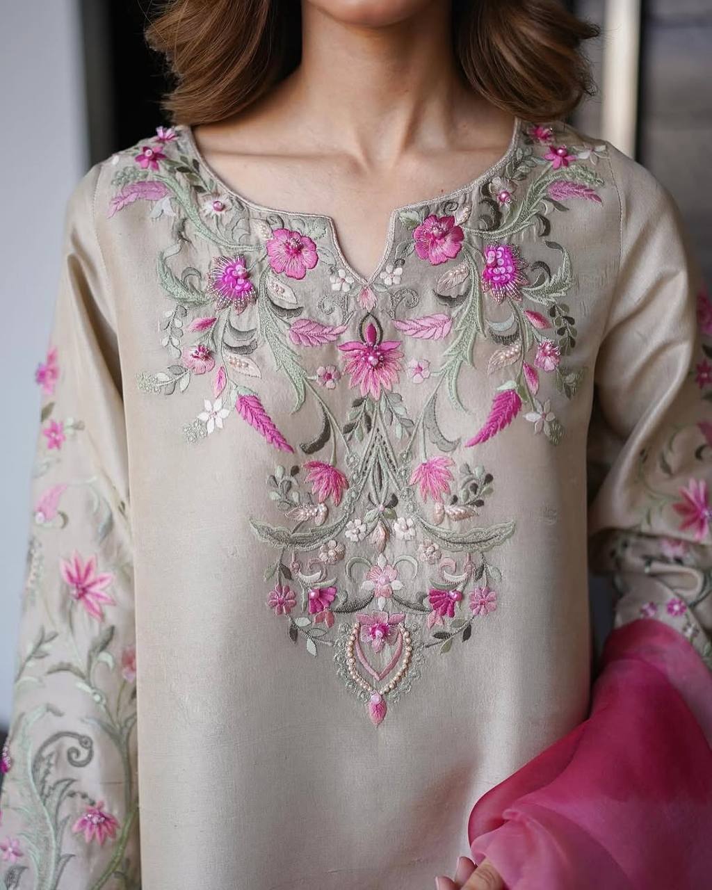French crepe Farsi salwar suit with organza dupatta – front view, Designer embroidered French crepe top, Soft printed organza dupatta with lace and tassels, Fully stitched French crepe salwar suit, Elegant salwar suit for festive wear, Premium French crepe suit set for women, Party wear salwar suit with organza dupatta, Wedding guest salwar suit in French crepe