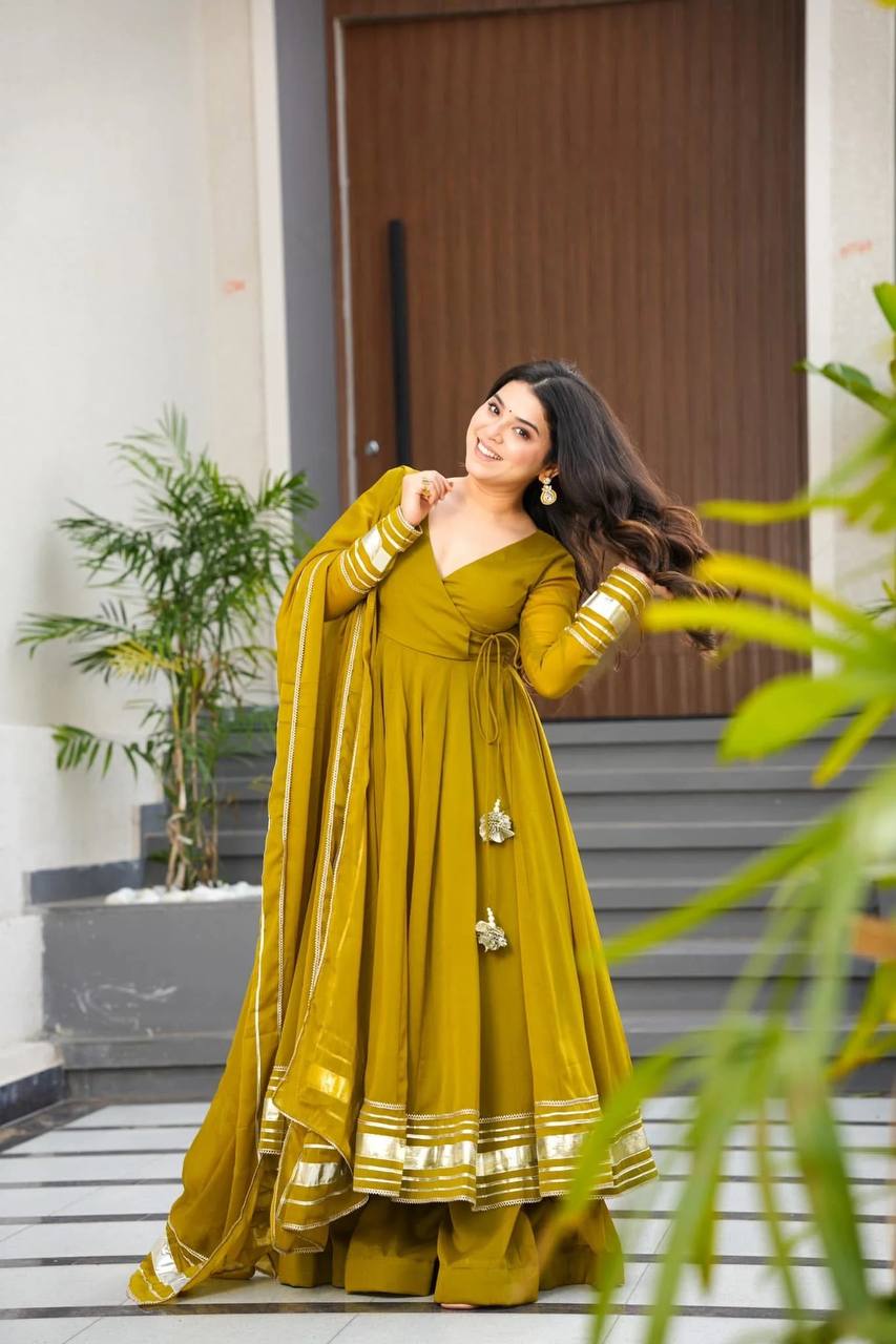 Angrakha Gown Set, Party Wear Suit UK, Mustard Indian Suit, Fox Georgette Gown Pant Set, Indian Gown with Dupatta UK, Gota Patti Dupatta Set, Readymade Ethnic Wear UK, 3 Piece Suit for Women UK, Indian Outfit for Party UK, Pure Georgette Suit UK, Embroidered Indian Dress UK, Gown Pant Dupatta UK, Stylish Indian Clothes UK, Indian Wedding Outfit UK, Affordable Indian Clothing UK