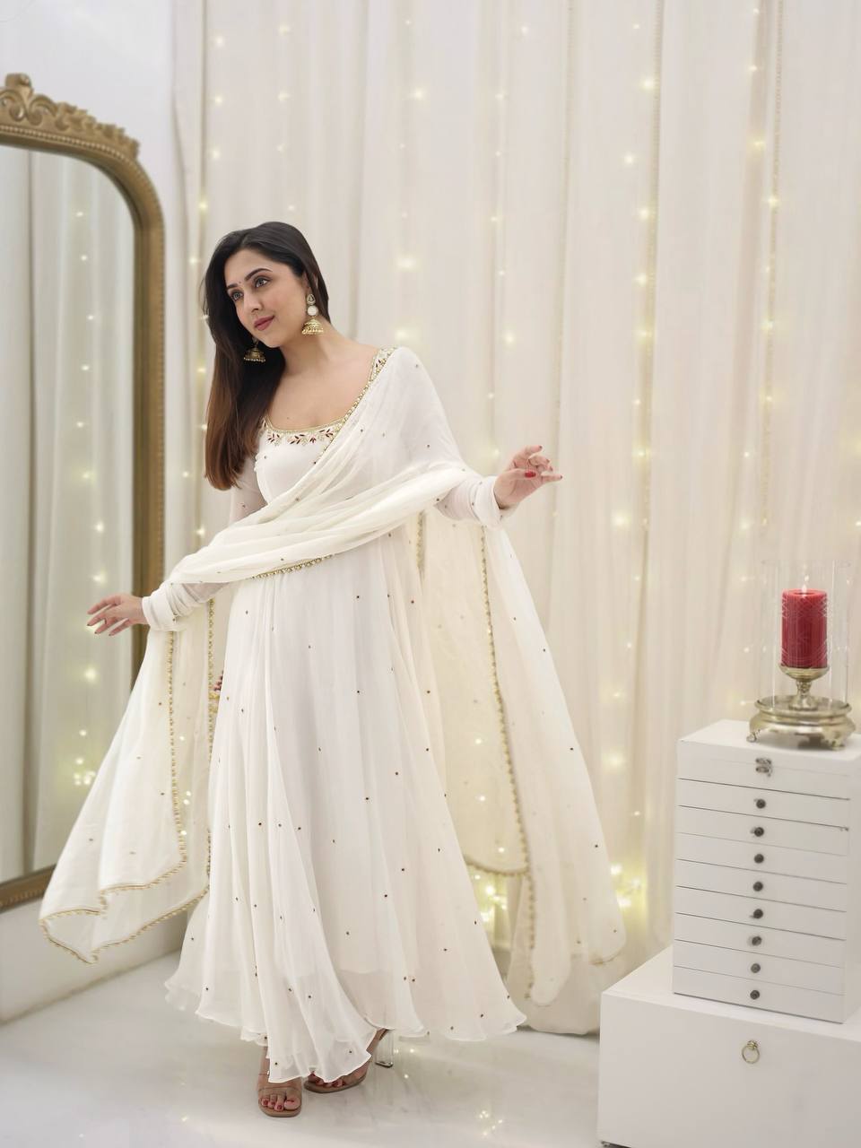 Faux georgette palazzo suit set with embroidery – front view, Fancy full sleeve faux georgette kurta with embroidery, Heavy faux georgette palazzo pants with elastic waist, Faux georgette dupatta with lace border, Fully stitched festive georgette suit set, Elegant georgette palazzo suit for women, Party wear georgette suit with dupatta, Designer faux georgette ethnic outfit