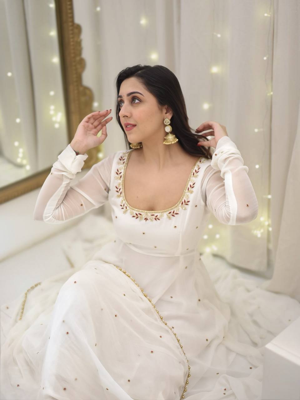Faux georgette palazzo suit set with embroidery – front view, Fancy full sleeve faux georgette kurta with embroidery, Heavy faux georgette palazzo pants with elastic waist, Faux georgette dupatta with lace border, Fully stitched festive georgette suit set, Elegant georgette palazzo suit for women, Party wear georgette suit with dupatta, Designer faux georgette ethnic outfit
