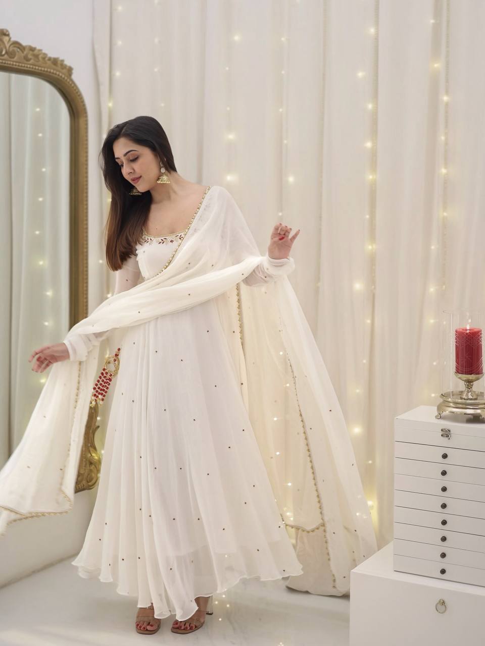 Faux georgette palazzo suit set with embroidery – front view, Fancy full sleeve faux georgette kurta with embroidery, Heavy faux georgette palazzo pants with elastic waist, Faux georgette dupatta with lace border, Fully stitched festive georgette suit set, Elegant georgette palazzo suit for women, Party wear georgette suit with dupatta, Designer faux georgette ethnic outfit