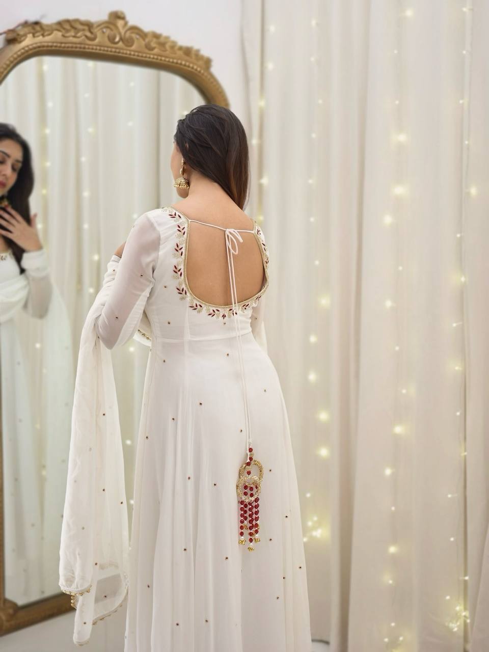 Faux georgette palazzo suit set with embroidery – front view, Fancy full sleeve faux georgette kurta with embroidery, Heavy faux georgette palazzo pants with elastic waist, Faux georgette dupatta with lace border, Fully stitched festive georgette suit set, Elegant georgette palazzo suit for women, Party wear georgette suit with dupatta, Designer faux georgette ethnic outfit